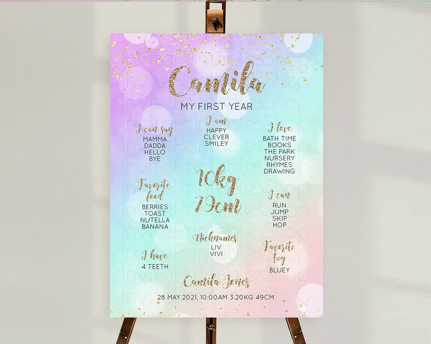 Pastel First Birthday Milestone Board Pastel Rainbow Milestone Poster Colorful Confetti Watercolor Glitter 1st Birthday Welcome Sign D10621