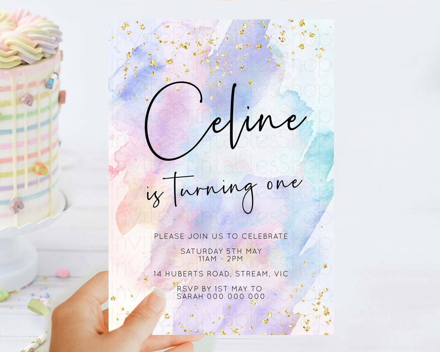 Rainbow Birthday Invitation Colorful Pastel Watercolor Invitation Gold Glitter Sprinkles Ombre Pastel 1st 2nd 3rd Birthday D10585