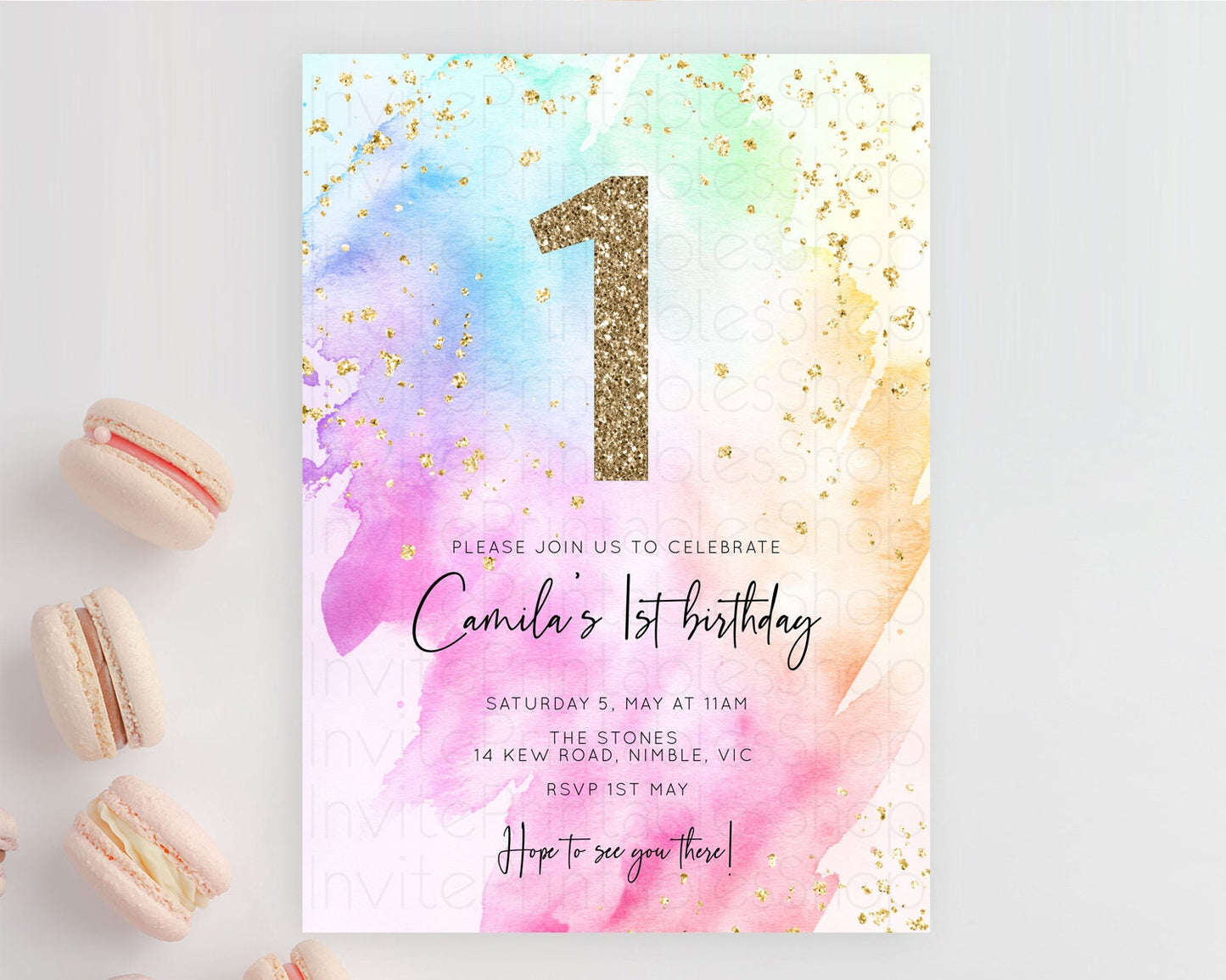 Rainbow Birthday Invitation Colorful Pastel Watercolor Invitation Gold Glitter Sprinkles Ombre Pastel 1st 2nd 3rd Birthday D10449