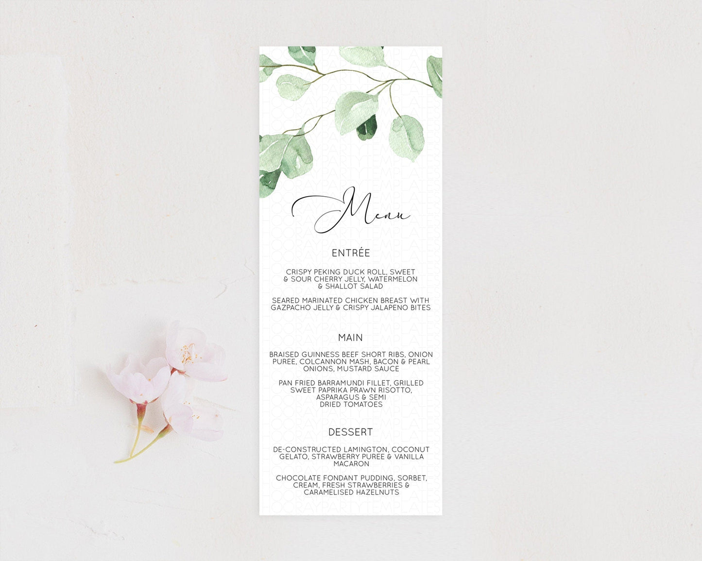 Leafy Menu Green Leaf Menu Template Eucalyptus Fern Leaves Decor Watercolor Boho Garden Leaf Branch Dinner Dessert Party Food Menu D11054