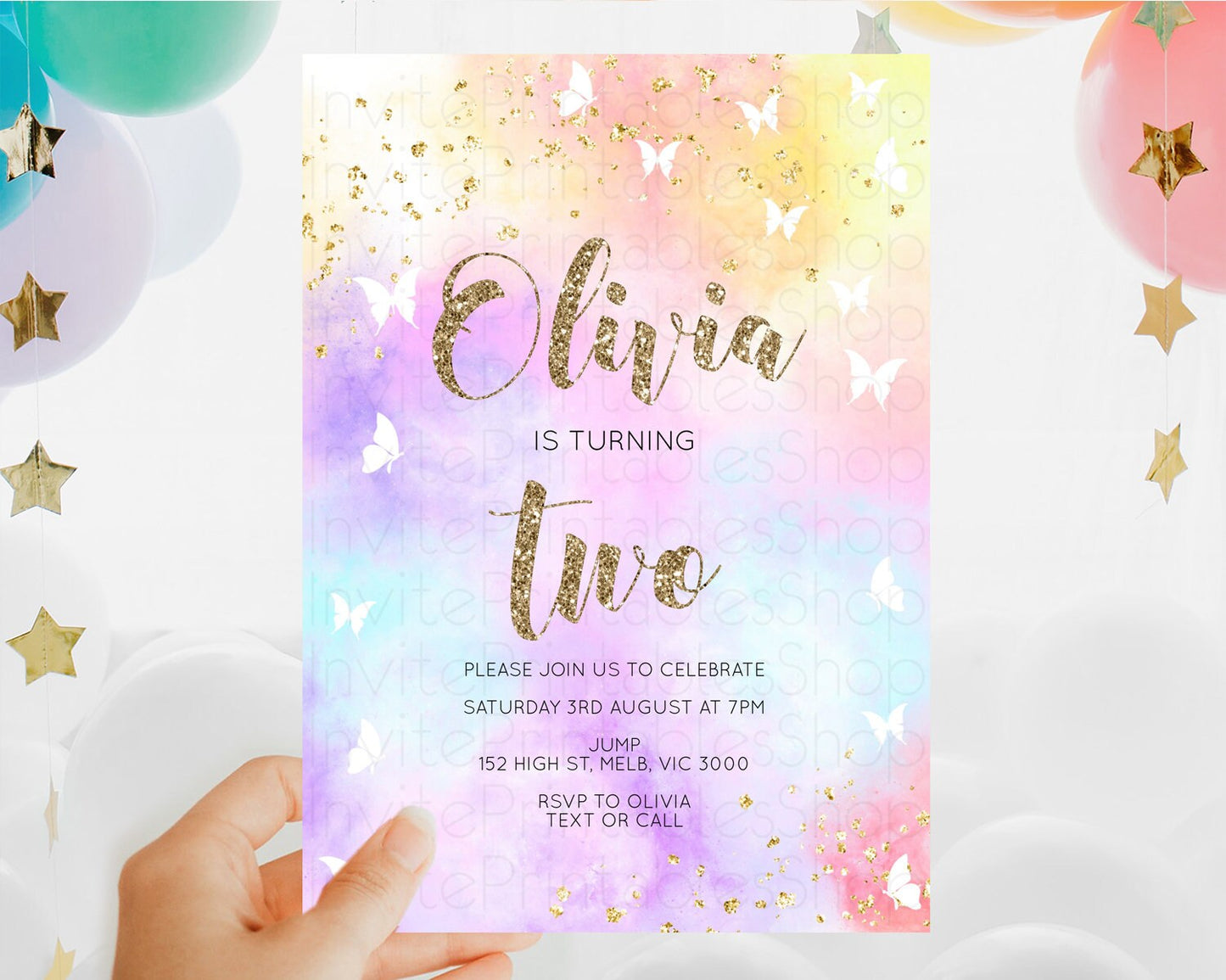 Rainbow Birthday Invitation Colorful Pastel Watercolor Invitation Gold Glitter Sprinkles Ombre Pastel 1st 2nd 3rd Birthday D10435