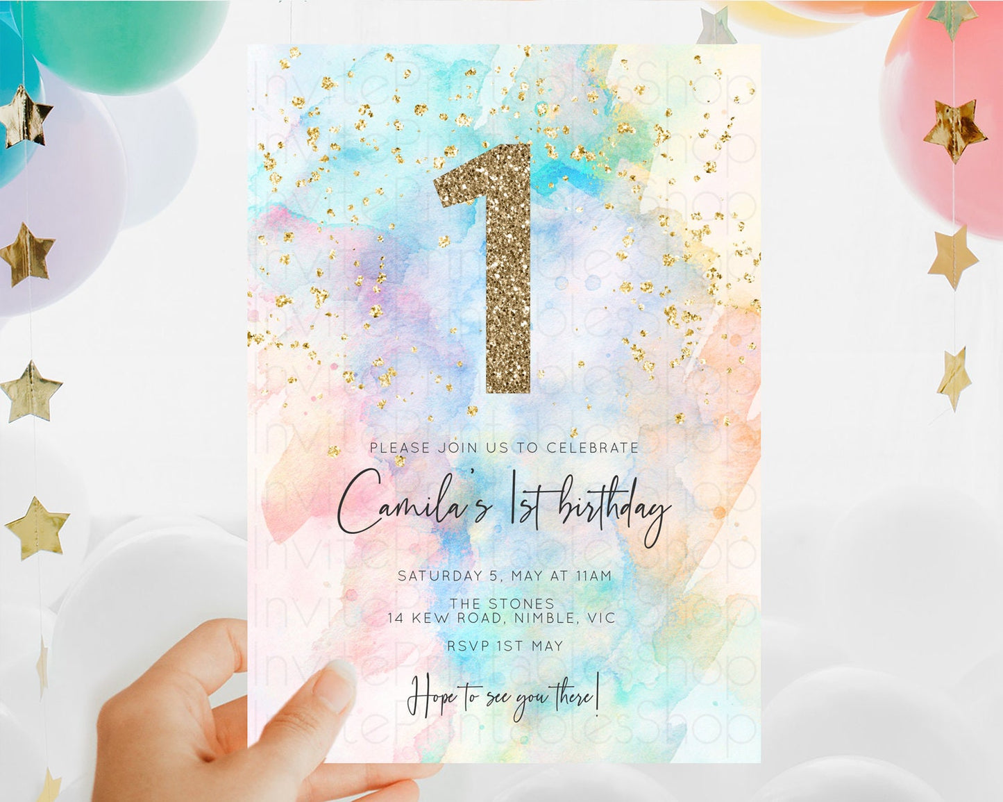 Rainbow Birthday Invitation Colorful Pastel Watercolor Invitation Gold Glitter Sprinkles Ombre Pastel 1st 2nd 3rd Birthday D10260