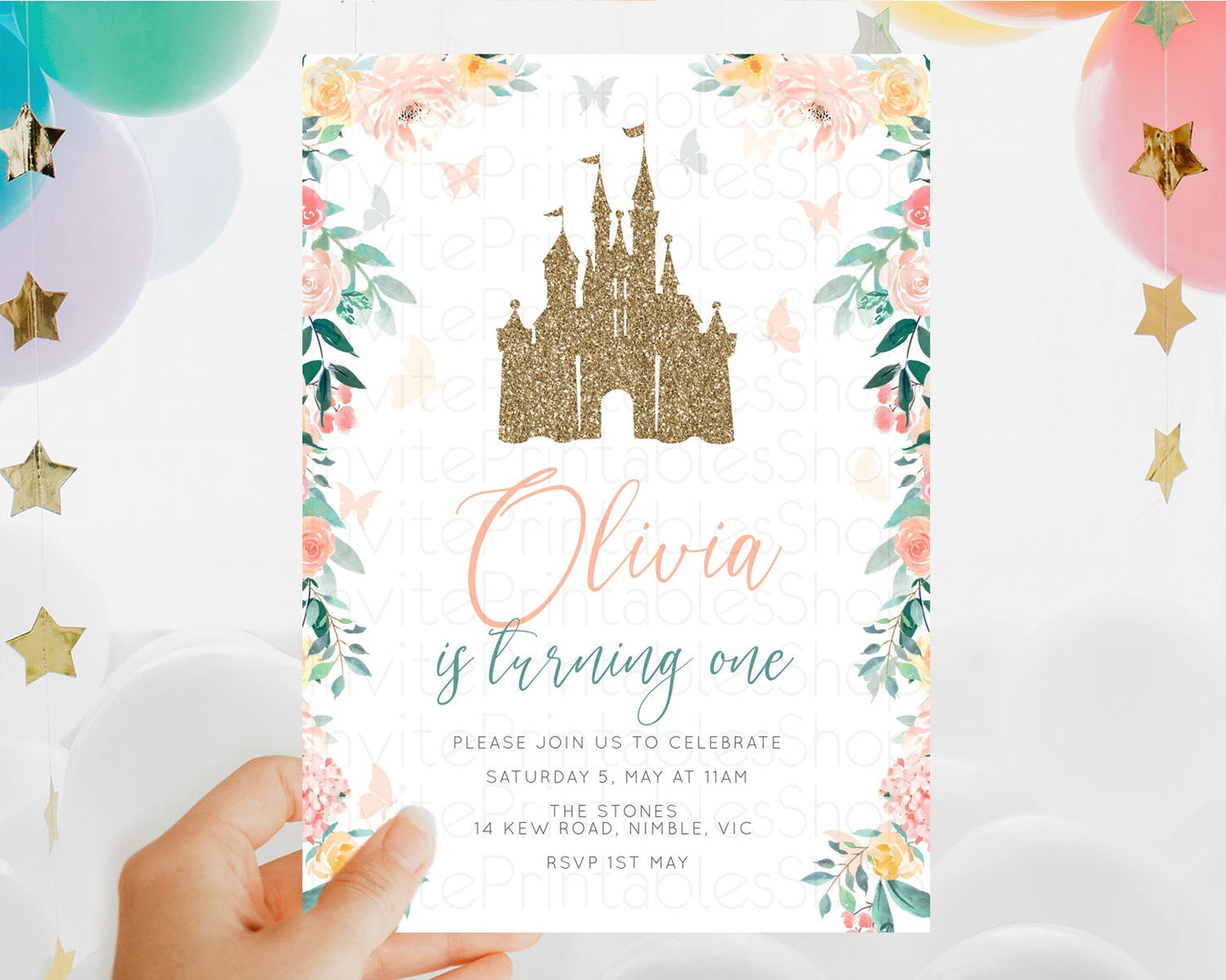 Princess Birthday Invitation Castle Invitation Royal Birthday Fairy Tale Enchanted Castle Pastel Floral Garden 1st First Birthday D10925