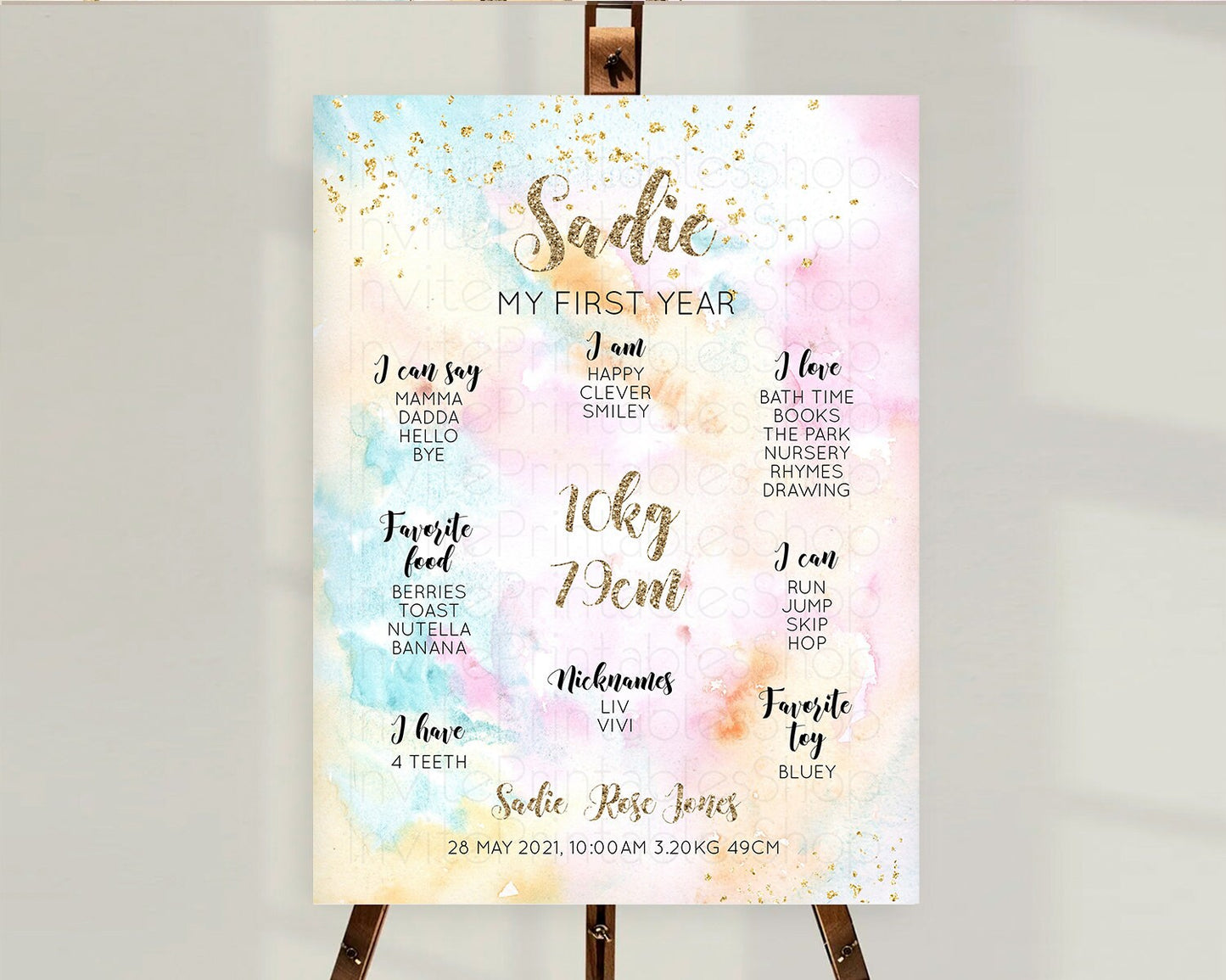 Pastel First Birthday Milestone Board Pastel Rainbow Milestone Poster Colorful Confetti Watercolor Glitter 1st Birthday Welcome Sign D10548