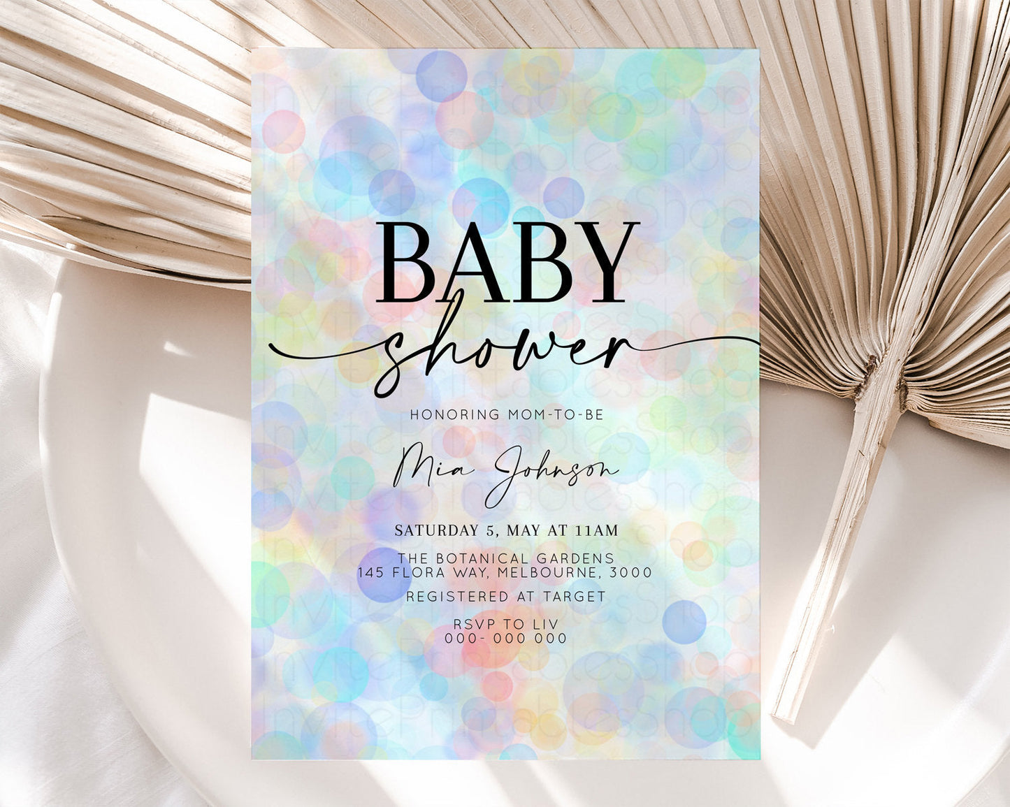 Rainbow Baby Shower Invitation Pastel Invite Colorful POP Invitation Confetti Sprinkles Invite Oh Baby Glitter Blue Pink Yellow Green T500