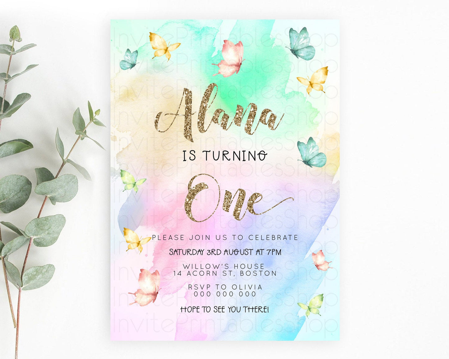 Pastel Butterfly Birthday Invitation Butterfly Birthday Invitation Colorful Splash Glitter Butterfly Garden 1st 2nd Birthday D23259