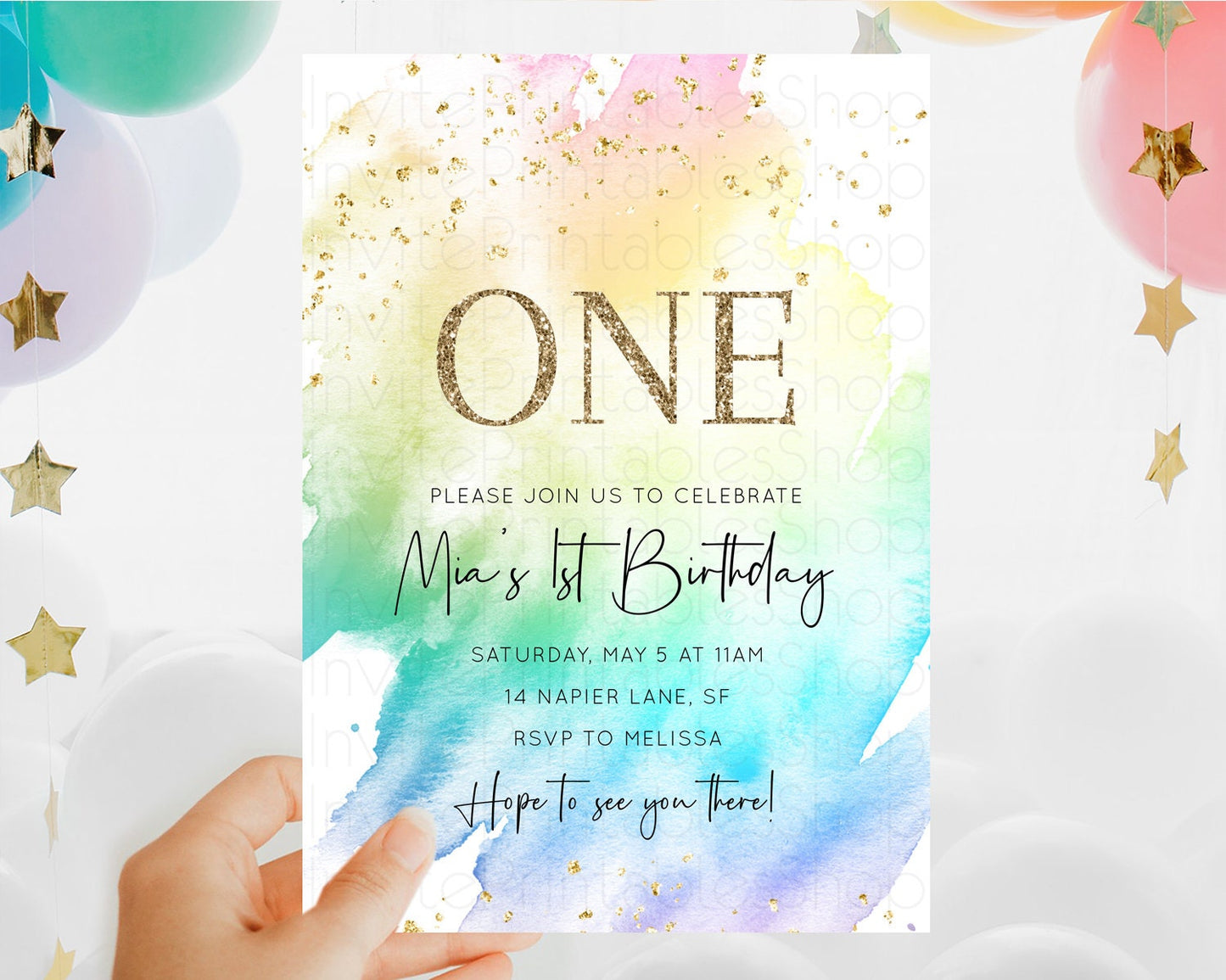 Rainbow Birthday Invitation Colorful Pastel Watercolor Invitation Gold Glitter Sprinkles Ombre Pastel 1st 2nd 3rd Birthday D10279