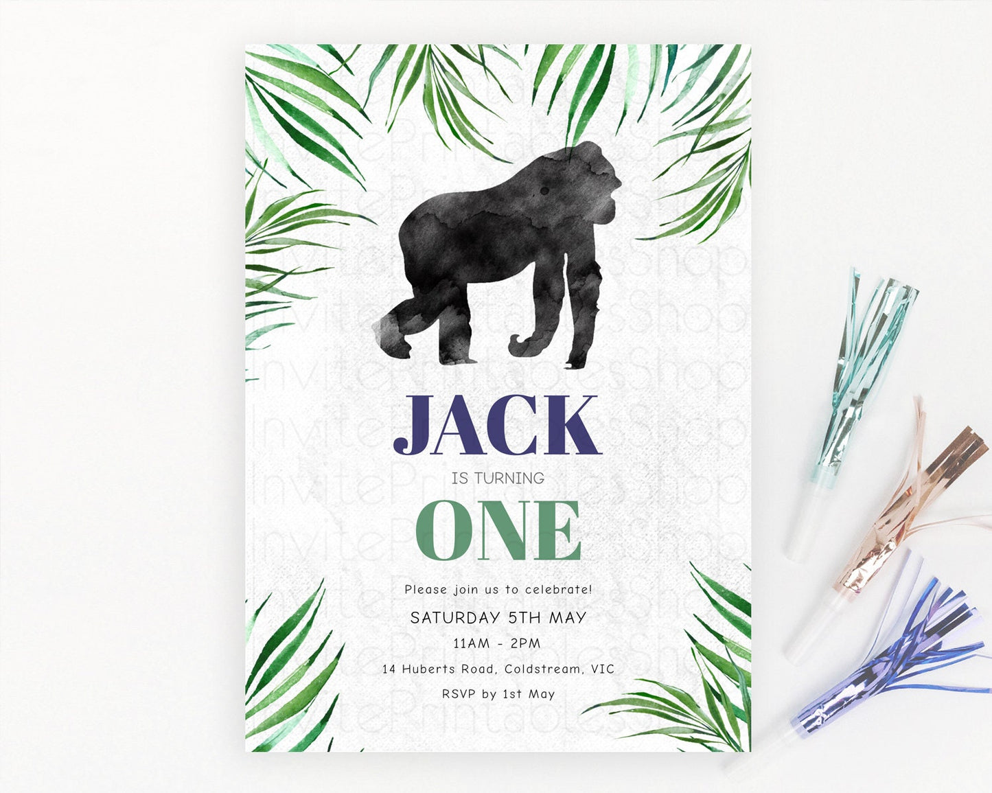 Gorilla Birthday Invitation Gorilla Invitation Gorilla Birthday Jungle Gorilla Party Jungle Adventure Zoo Party Animals Two Wild ONE D10840