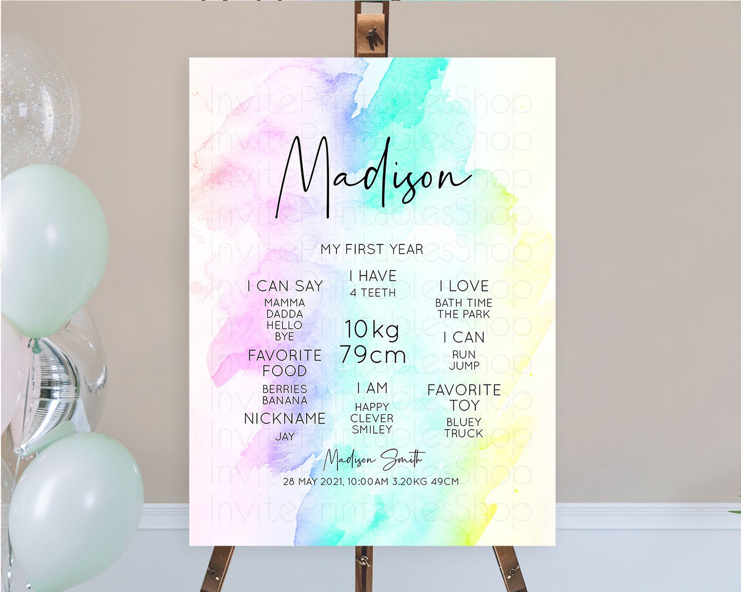 Pastel First Birthday Milestone Board Pastel Rainbow Milestone Poster Colorful Confetti Watercolor Glitter 1st Birthday Welcome Sign D10231