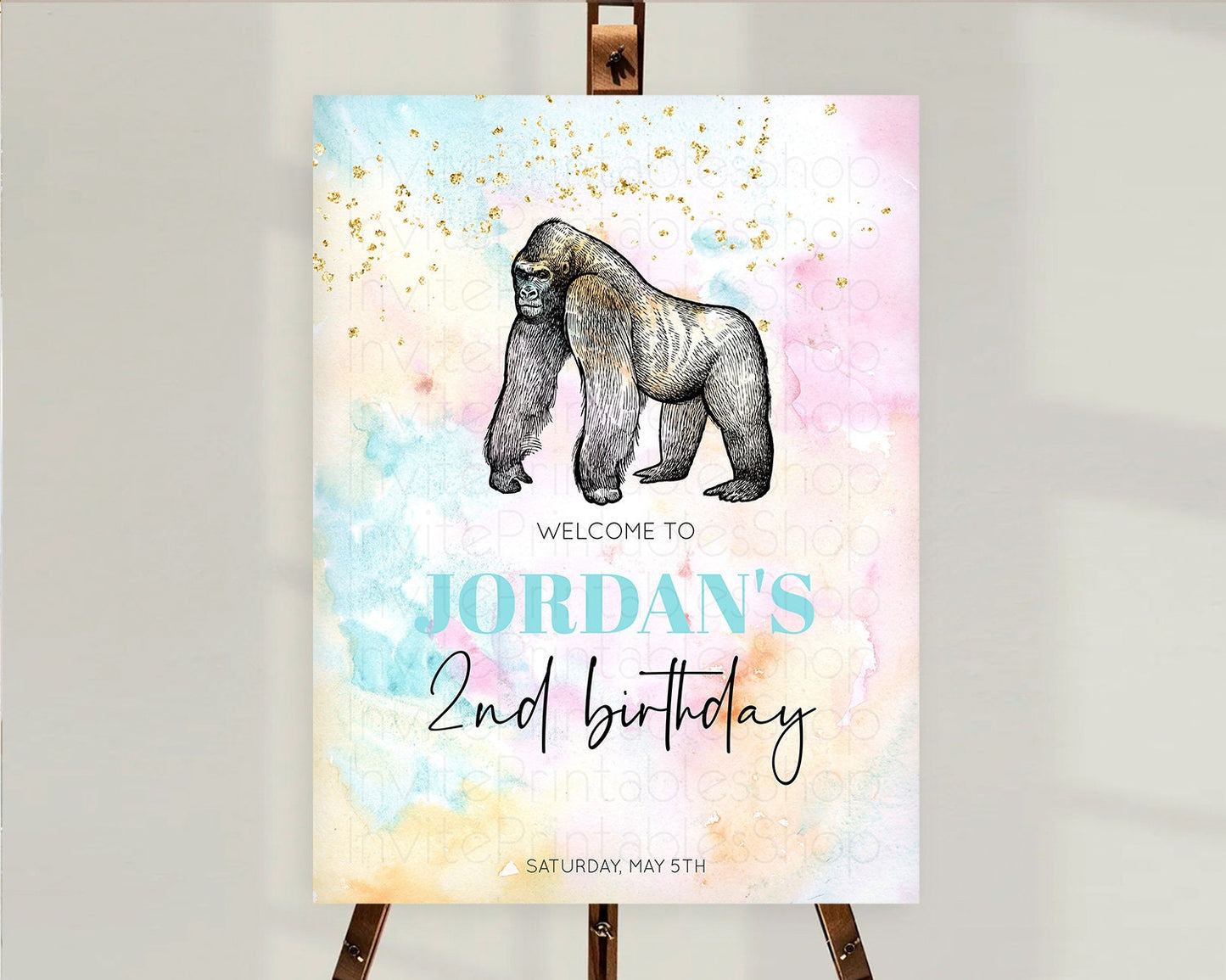 Pastel Gorilla Welcome Sign Rainbow Gorilla Welcome Board Colorful Rainbow Pastel Confetti Watercolor First Birthday Welcome Sign D10284