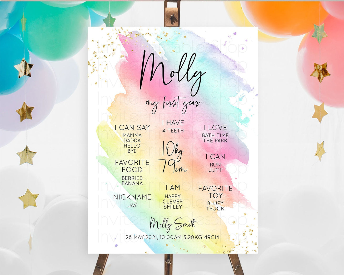 Pastel First Birthday Milestone Board Pastel Rainbow Milestone Poster Colorful Confetti Watercolor Glitter 1st Birthday Welcome Sign D10495