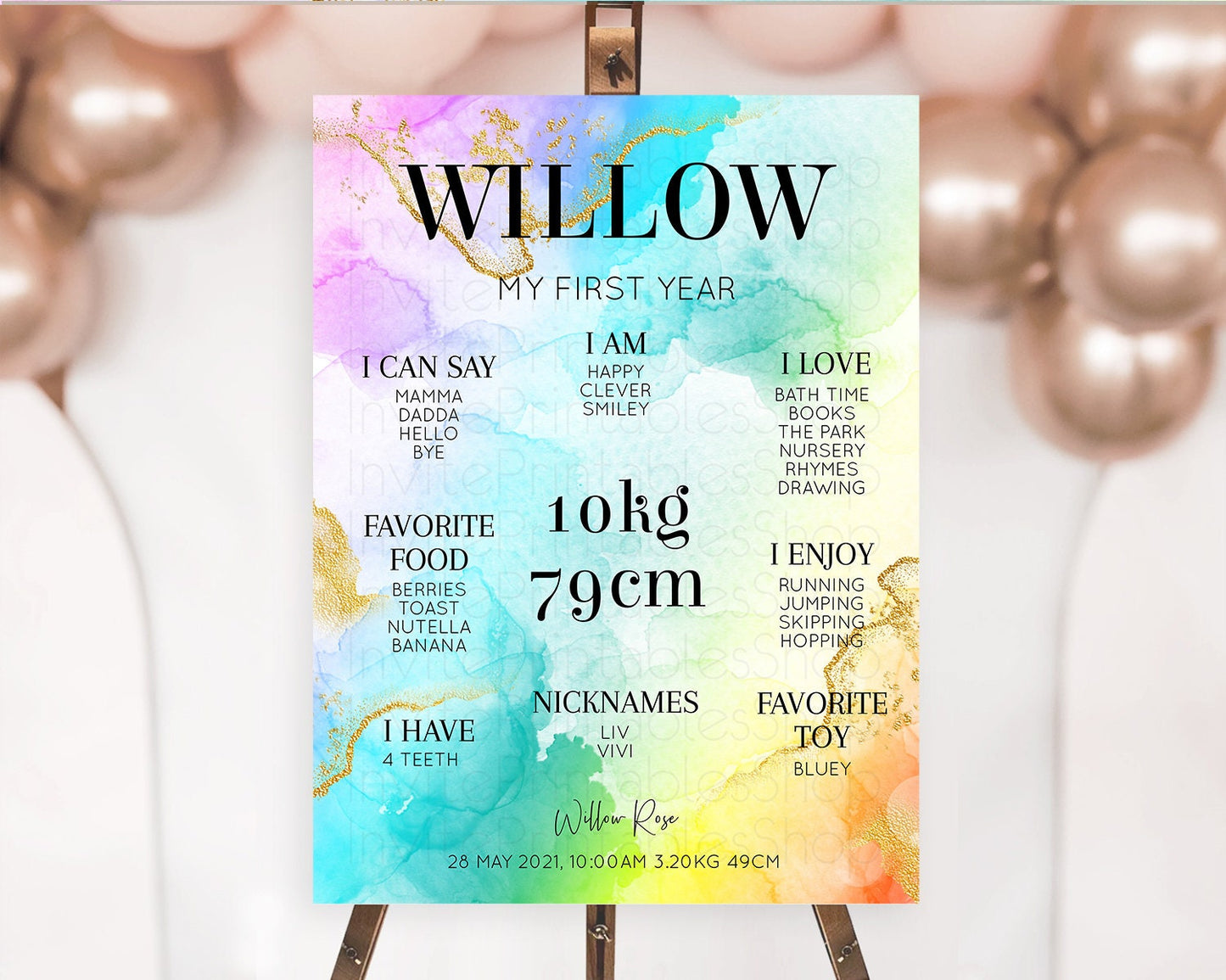 Pastel First Birthday Milestone Board Pastel Rainbow Milestone Poster Colorful Confetti Watercolor Glitter 1st Birthday Welcome Sign D10393