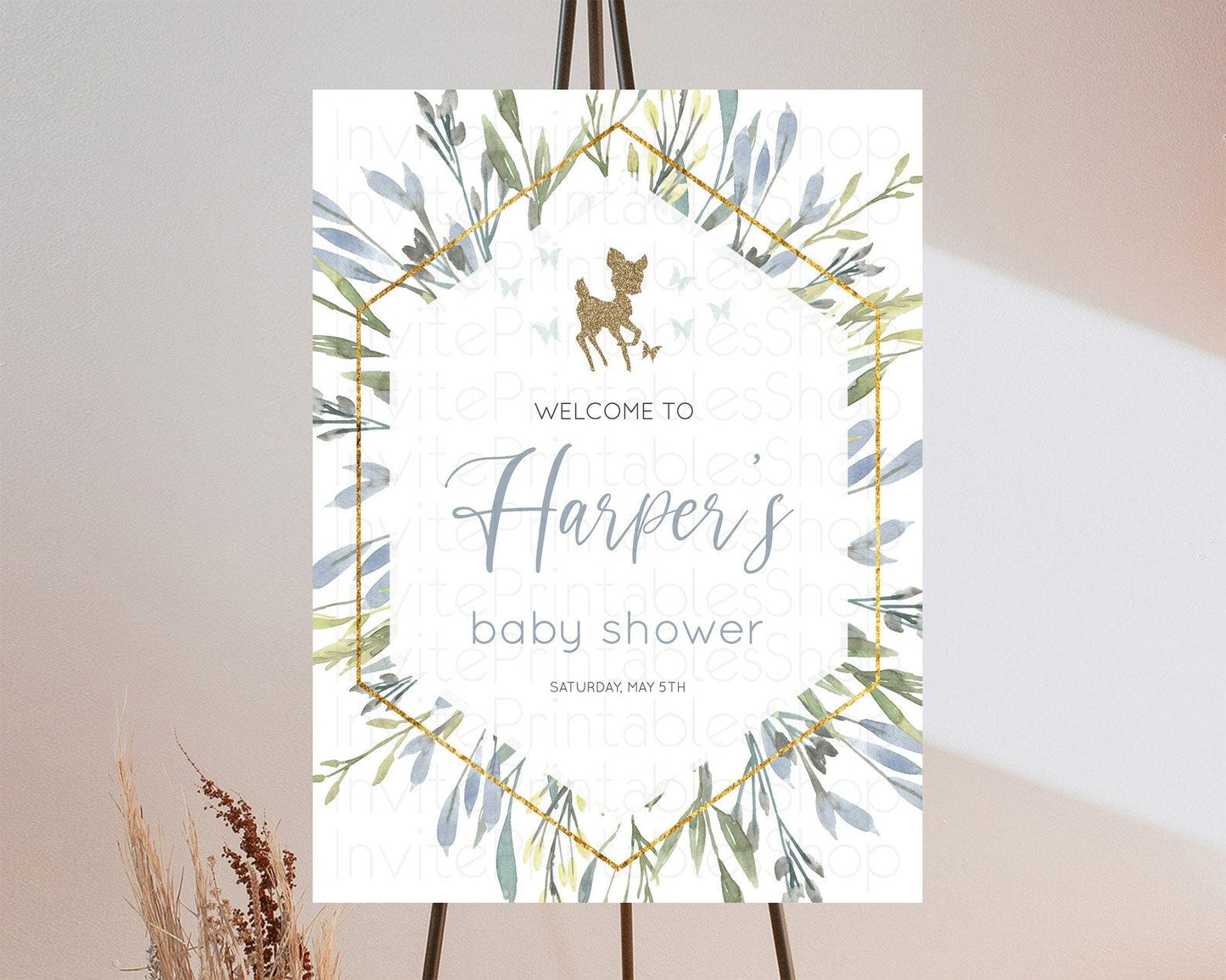 Fawn Baby Shower Welcome Sign Deer Welcome Board Floral Deer Welcome Poster Enchanted Forest Butterfly Pastel Floral Welcome Sign D10534