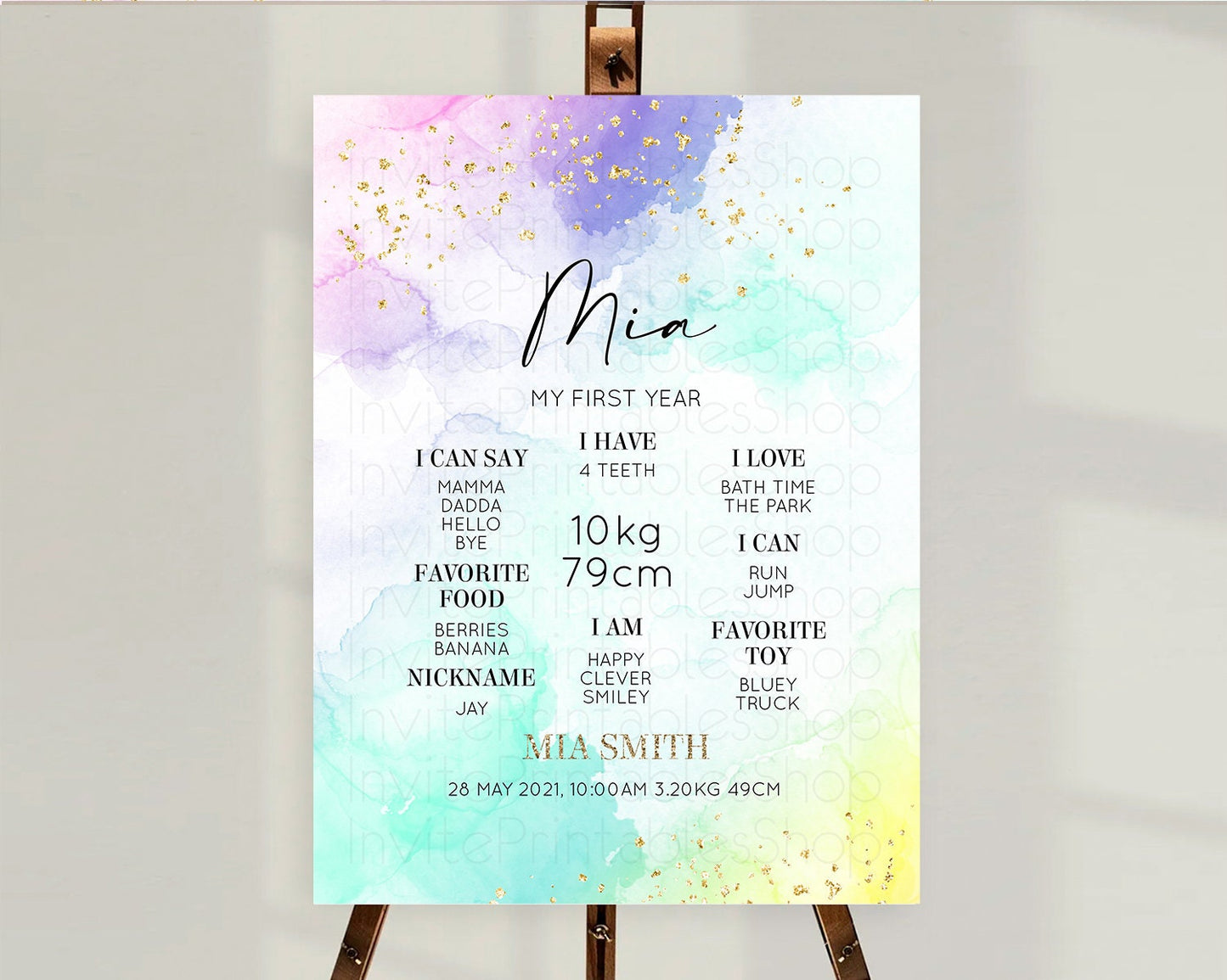 Pastel First Birthday Milestone Board Pastel Rainbow Milestone Poster Colorful Confetti Watercolor Glitter 1st Birthday Welcome Sign D10157