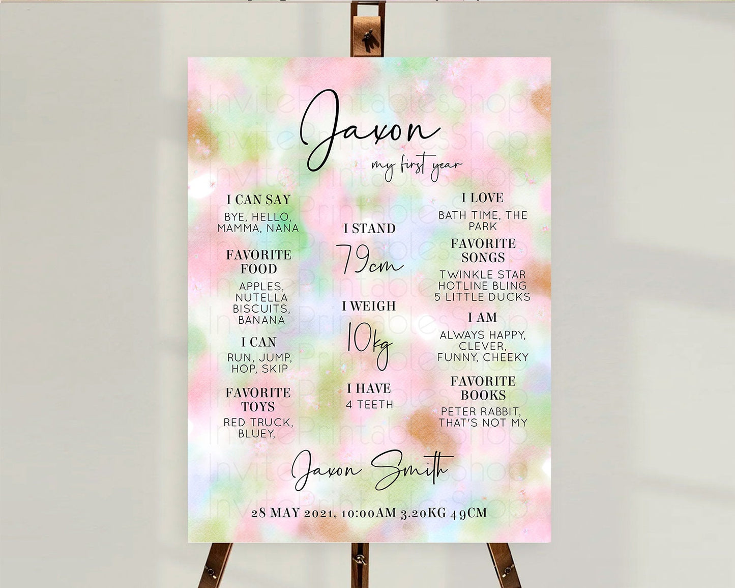Pastel First Birthday Milestone Board Pastel Rainbow Milestone Poster Colorful Confetti Watercolor Glitter 1st Birthday Welcome Sign D10698