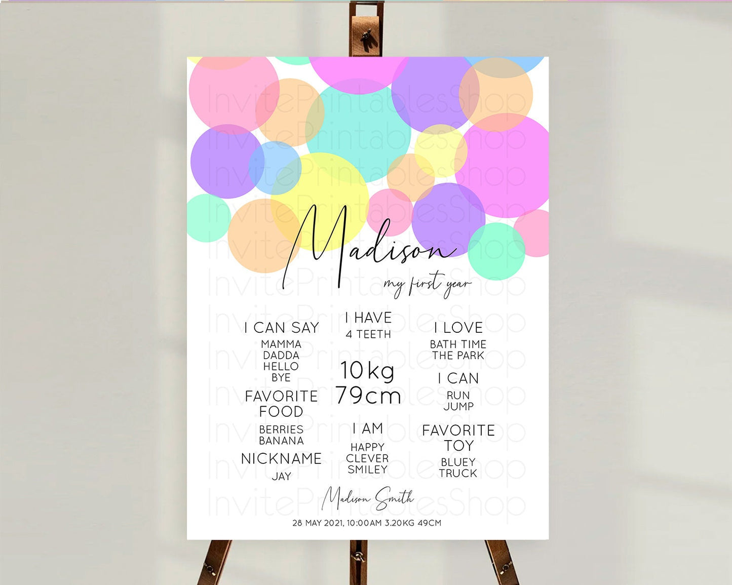 Pastel First Birthday Milestone Poster Pastel Rainbow Confetti First Birthday Milestone Board Colorful Bubbles Birthday Welcome Sign D10888