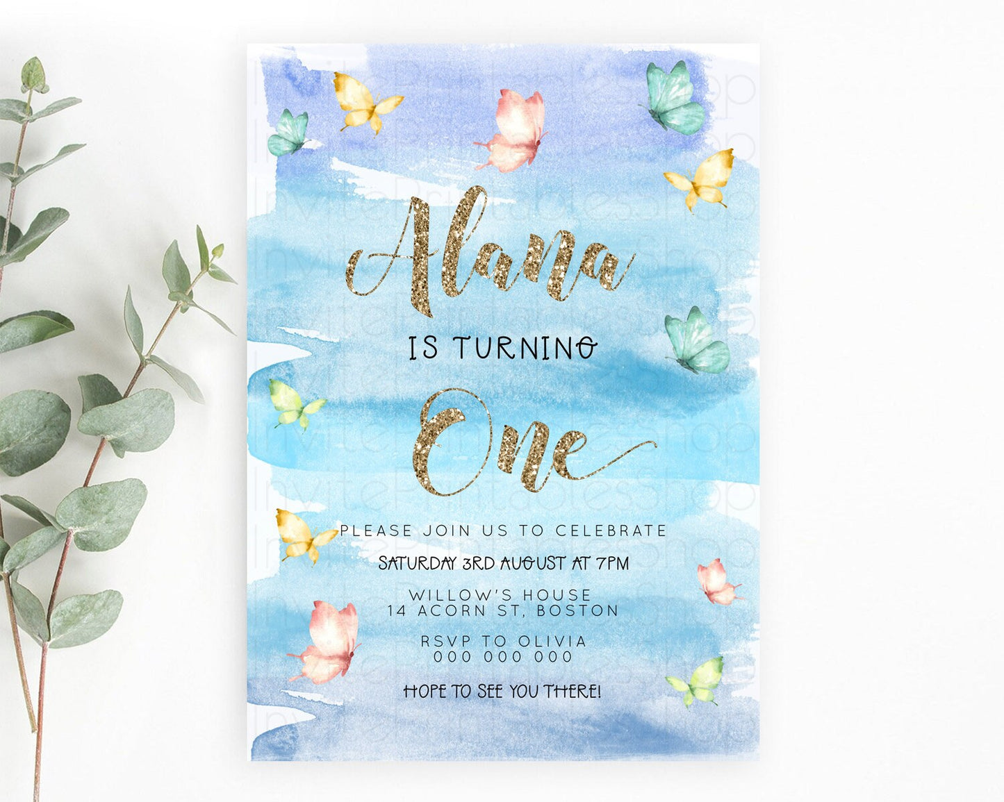 Blue Birthday Invitation Blue Watercolor Invitation Pastel Blue Watercolor Invitation Blue Splash Gold Invitation 1st First Birthday D23230