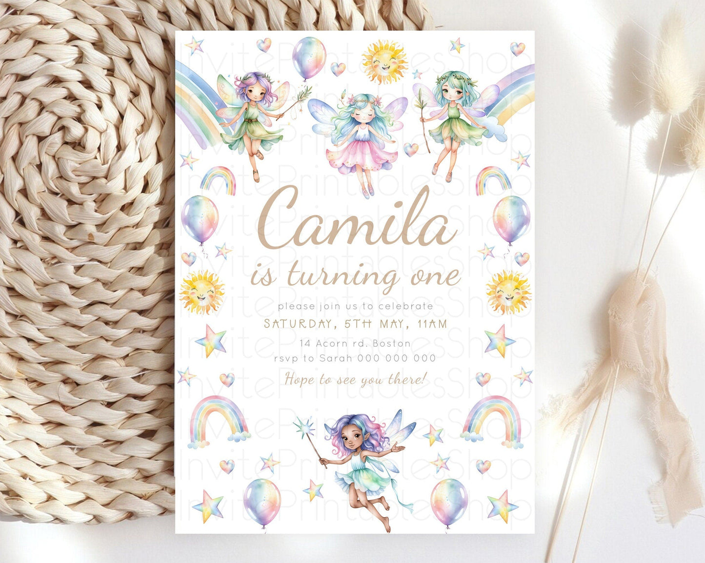 Rainbow Fairy Birthday Invitation Pastel Birthday Invitation Magical Pastel Fairy Party Theme Pastel Stars Heart Sun 1st 2nd Birthday D23375