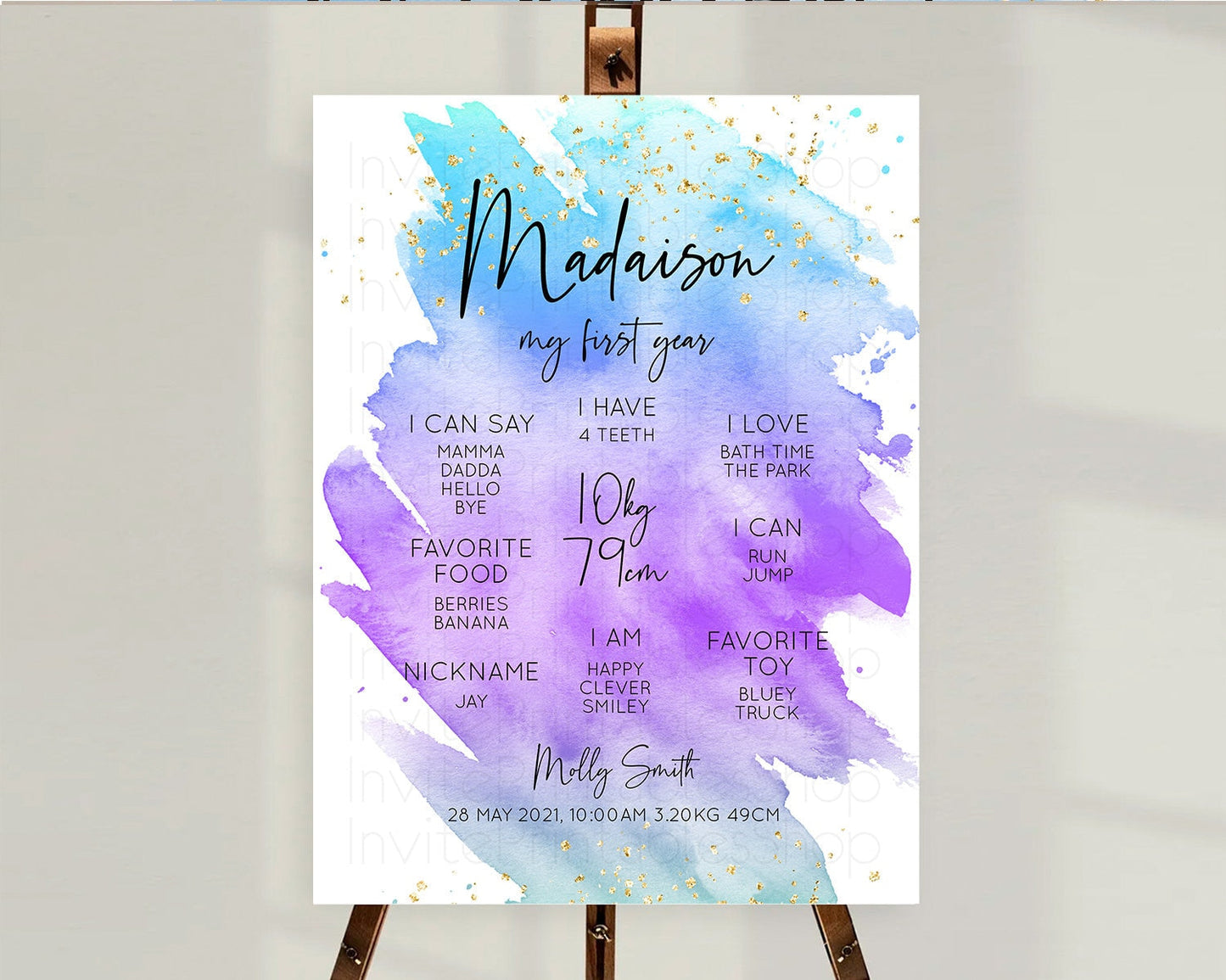 Pastel First Birthday Milestone Board Pastel Rainbow Milestone Poster Colorful Confetti Watercolor Glitter 1st Birthday Welcome Sign D10491