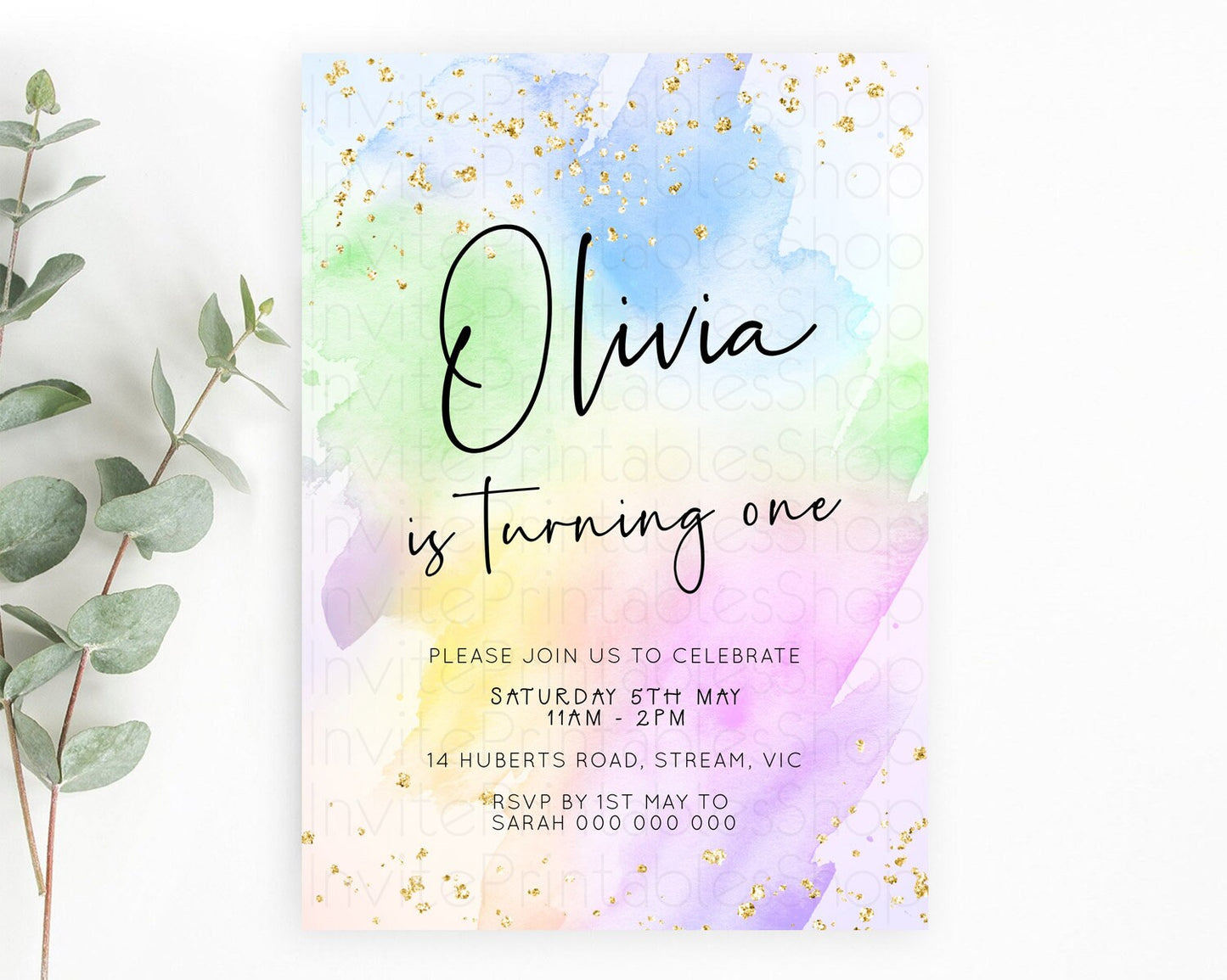 Pastel Birthday Invitation Ombre Watercolor Birthday Invitation Glitter Rainbow Color Splash 1st 2nd 3rd Birthday Invitation D23073