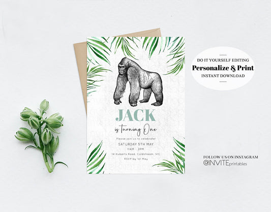 Editable Gorilla Birthday Invitation Watercolor Gorilla Tropical Palm Jungle