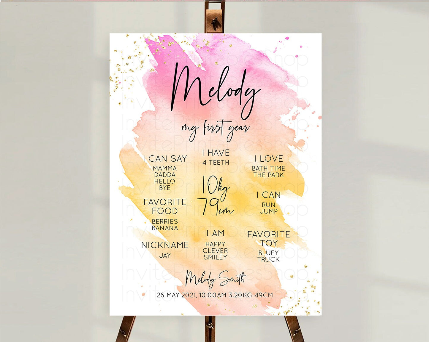 Pastel First Birthday Milestone Board Pastel Rainbow Milestone Poster Colorful Confetti Watercolor Glitter 1st Birthday Welcome Sign D10527