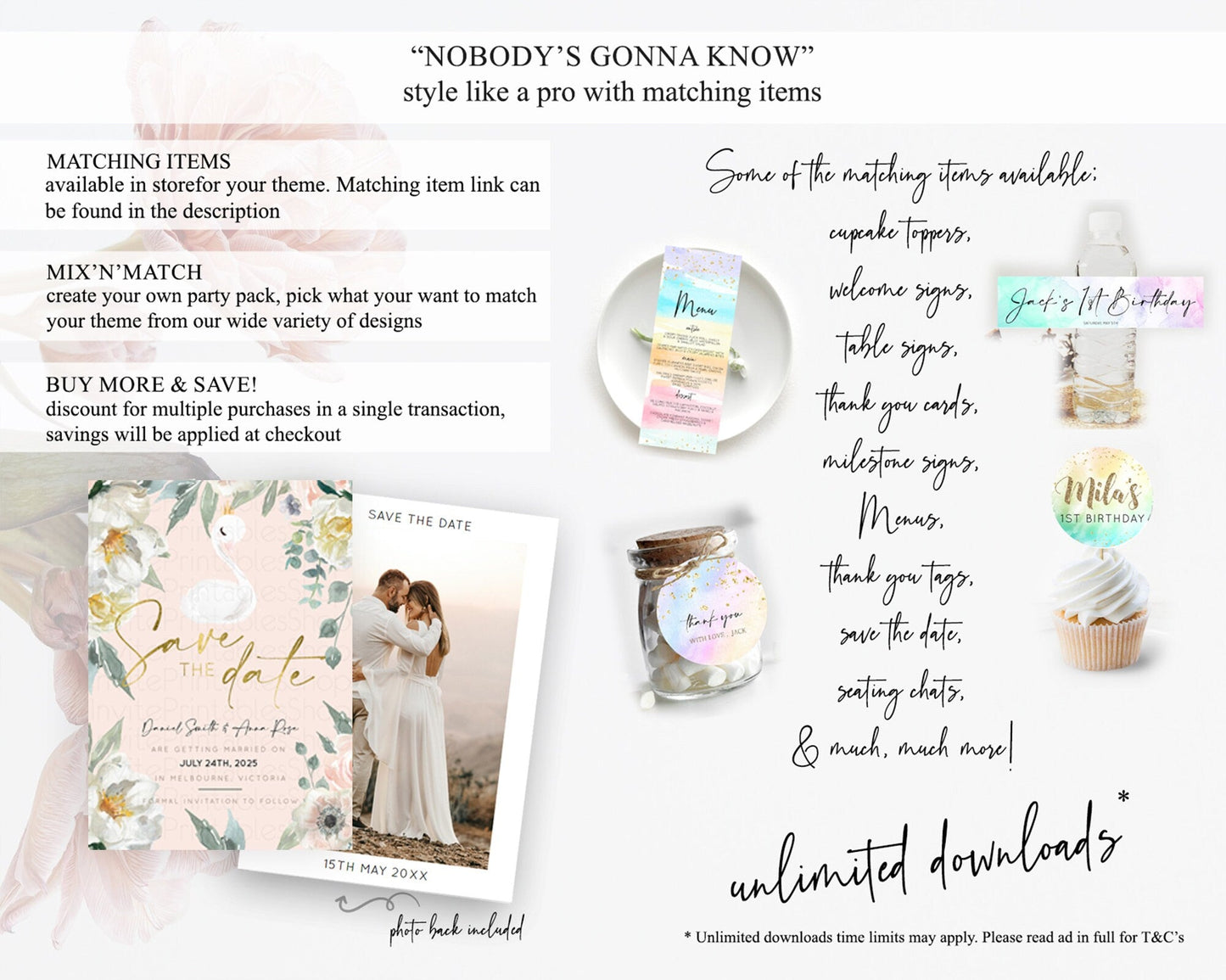 Swan Save The Date Template Swan Princess Ballet Party Enchanted Swan Lake Secret Garden Pastel Floral Birthday Baptism Baby Shower D10115