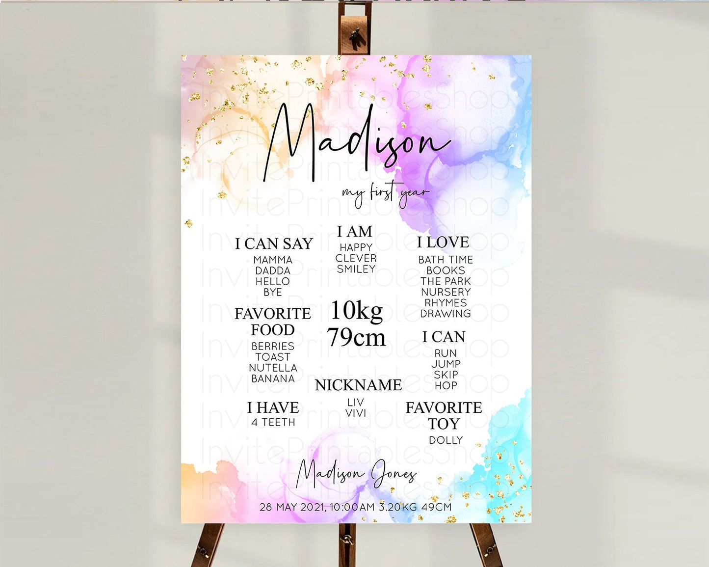 Pastel First Birthday Milestone Board Pastel Rainbow Milestone Poster Colorful Confetti Watercolor Glitter 1st Birthday Welcome Sign D10180