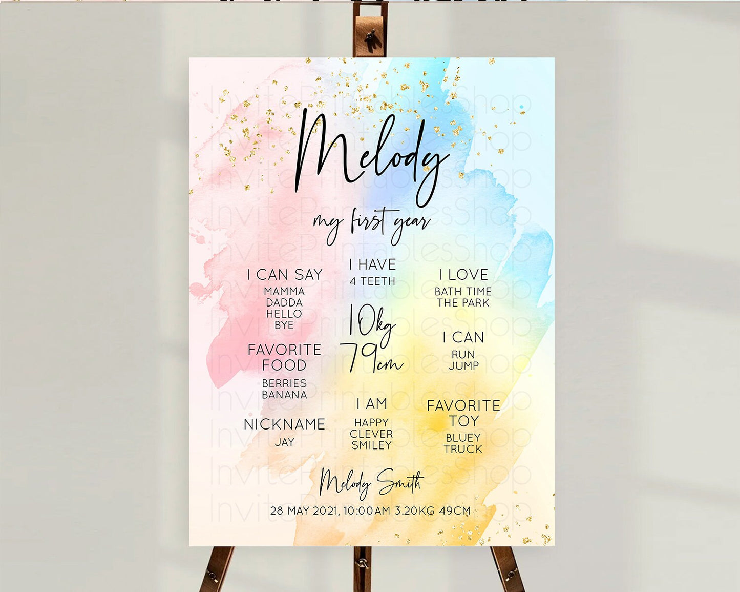 Pastel First Birthday Milestone Board Pastel Rainbow Milestone Poster Colorful Confetti Watercolor Glitter 1st Birthday Welcome Sign D10557