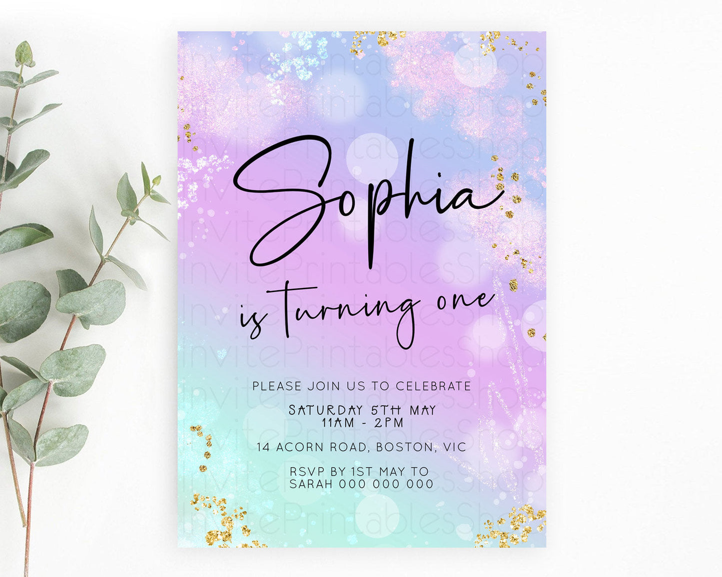 Pastel Birthday Invitation Ombre Watercolor Birthday Invitation Glitter Rainbow Color Splash 1st 2nd 3rd Birthday Invitation D23109