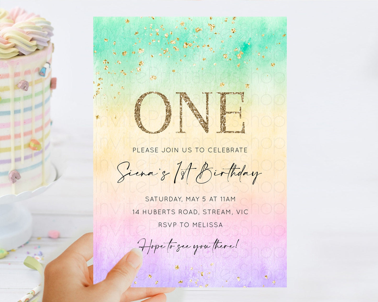 Rainbow Birthday Invitation Colorful Pastel Watercolor Invitation Gold Glitter Sprinkles Ombre Pastel 1st 2nd 3rd Birthday D10481