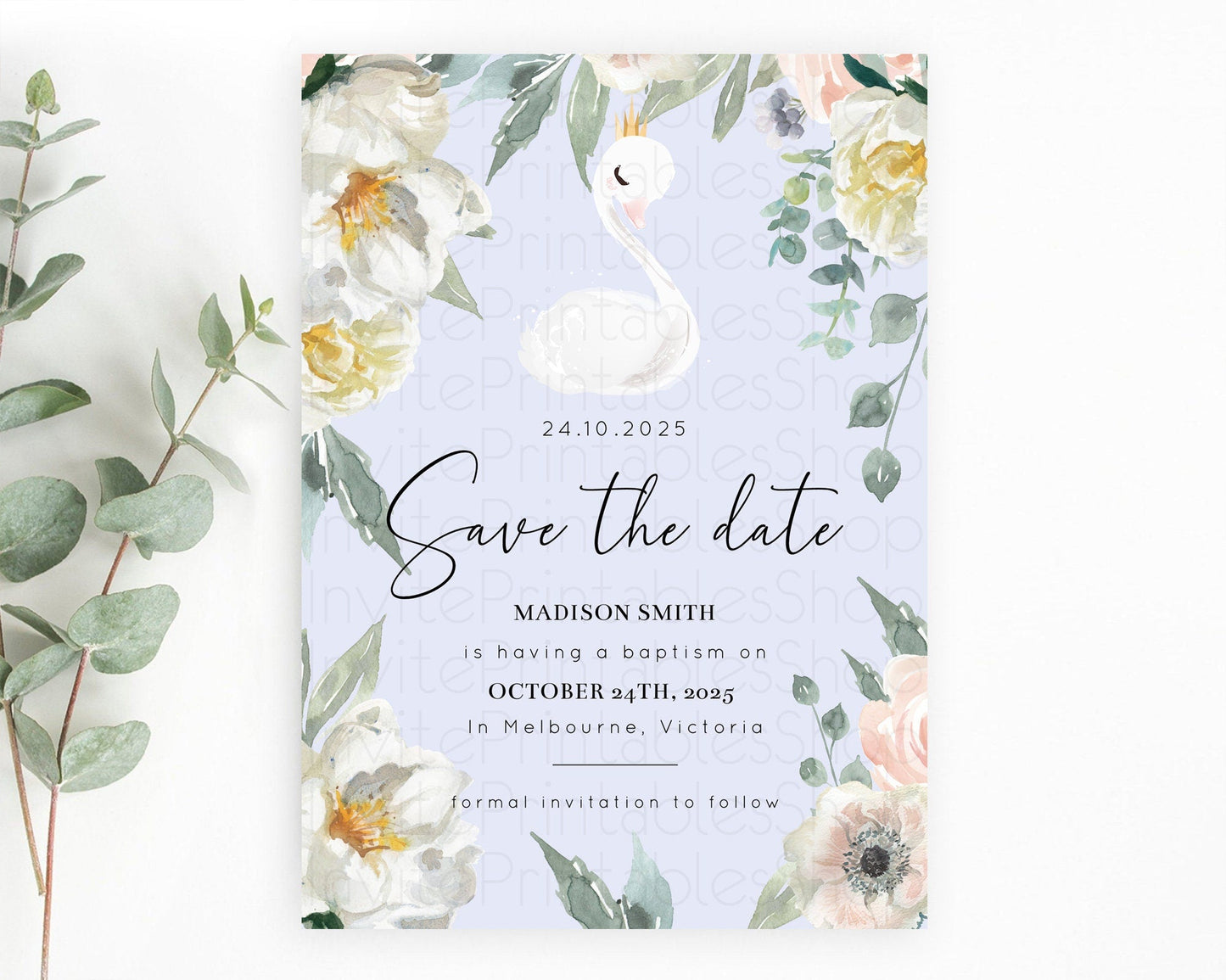Swan Save The Date Template Swan Princess Ballet Party Enchanted Swan Lake Secret Garden Pastel Floral Birthday Baptism Baby Shower D10756