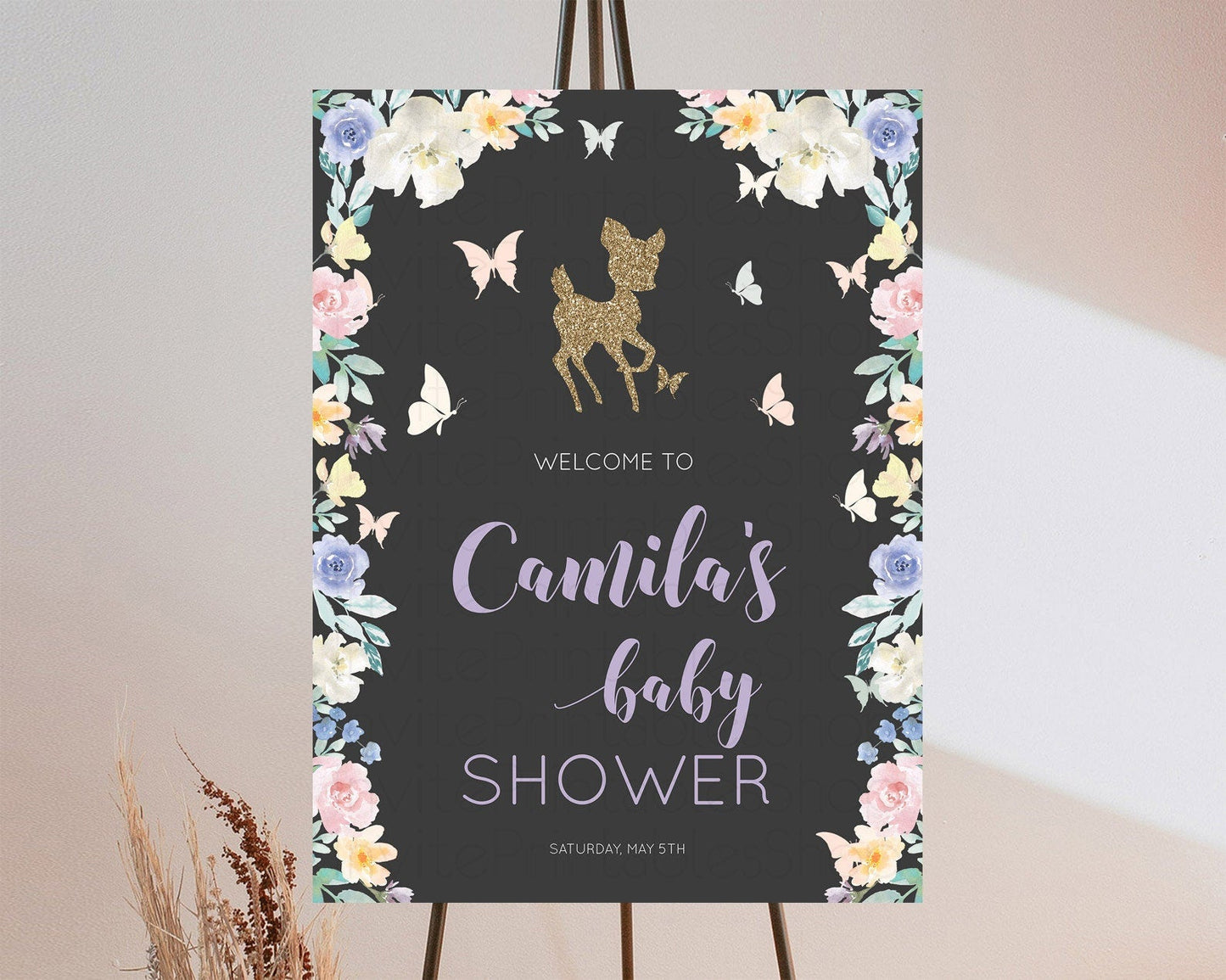 Fawn Baby Shower Welcome Sign Deer Welcome Board Floral Deer Welcome Poster Enchanted Forest Butterfly Pastel Floral Welcome Sign D10880