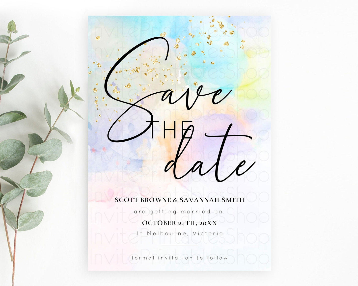 Pastel Save The Date Template Pastel Ombre Rainbow Watercolor Colorful Party For Birthday Baptism Baby Shower Wedding Bridal Shower D10769