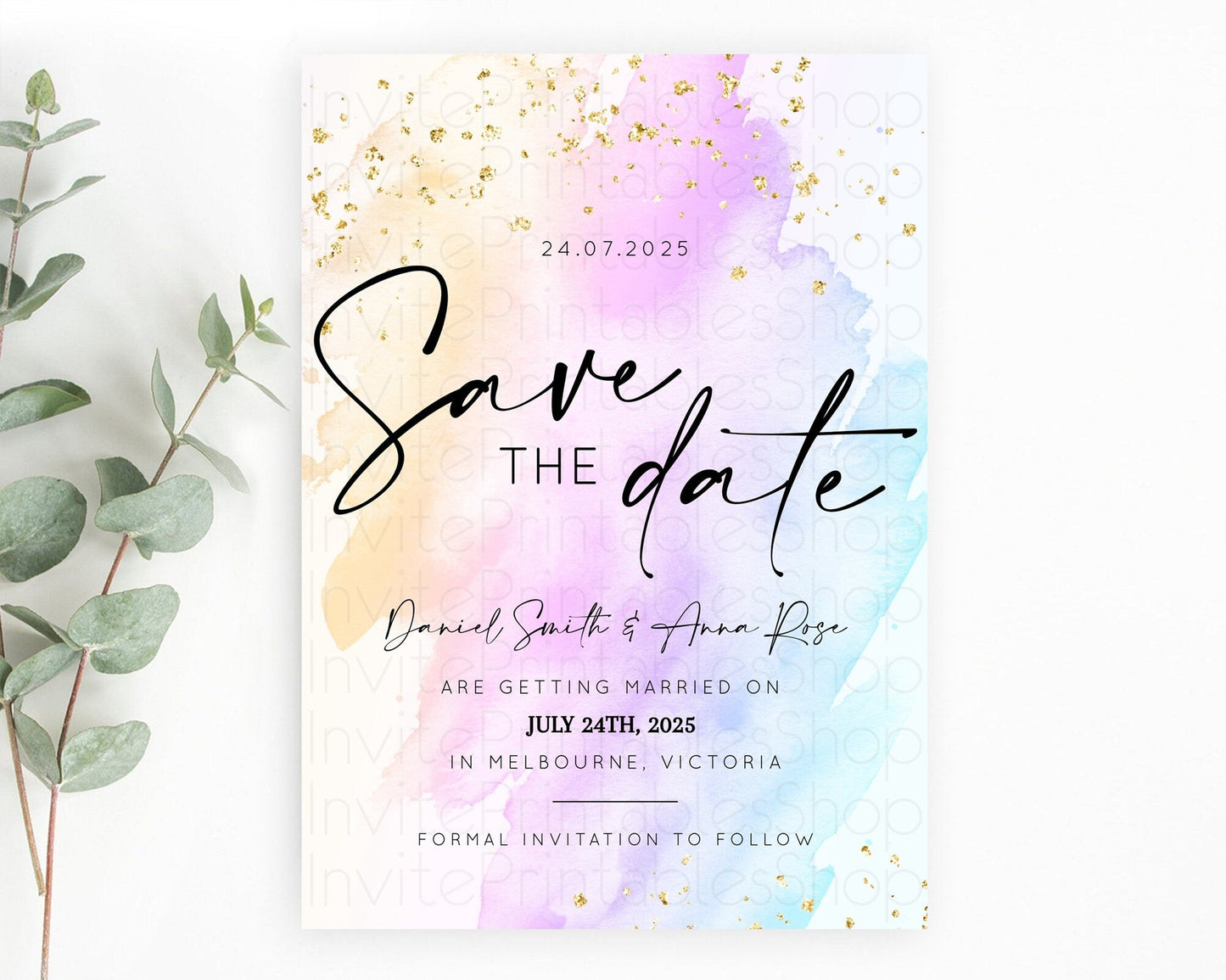 Pastel Save The Date Template Pastel Ombre Rainbow Watercolor Colorful Party For Birthday Baptism Baby Shower Wedding Bridal Shower D10175