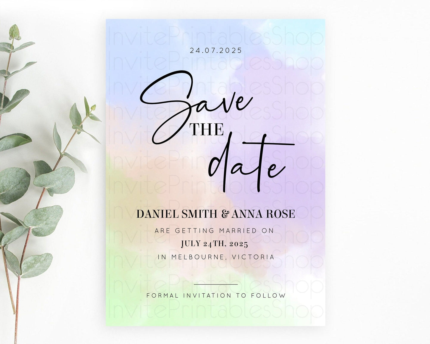 Pastel Save The Date Template Pastel Ombre Rainbow Watercolor Colorful Party For Birthday Baptism Baby Shower Wedding Bridal Shower D10371