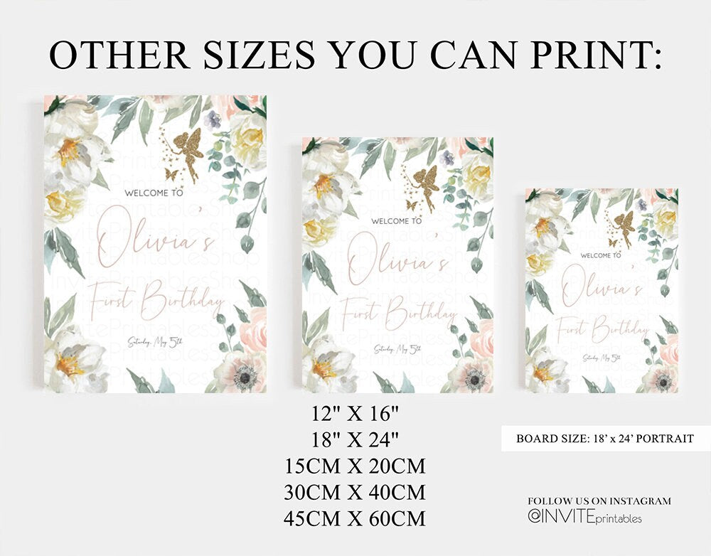 Fairy Floral Birthday Board Pastel Watercolor Welcome Sign Enchanted Garden Welcome Poster 1st Birthday Flower Sign Gold Glitter
