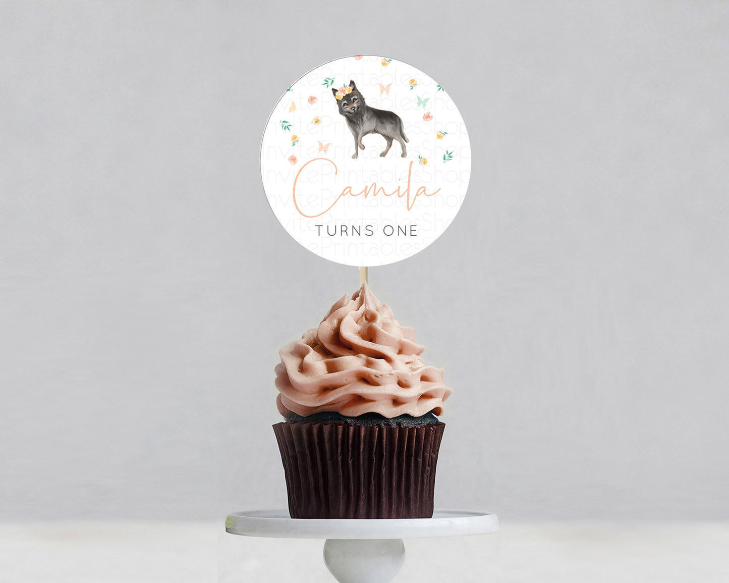 Wolf Cupcake Toppers Wolf Cupcake Pastel Wolf Decor Enchanted Forest Woods Wolf Floral Cupcake Howling Party Cupcake First Birthday D10362