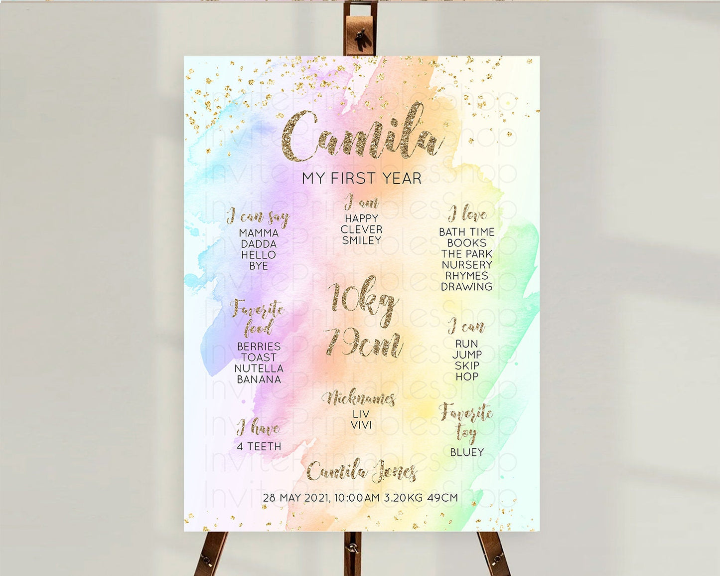 Pastel First Birthday Milestone Board Pastel Rainbow Milestone Poster Colorful Confetti Watercolor Glitter 1st Birthday Welcome Sign D10643