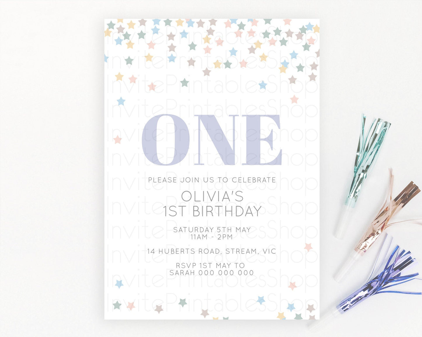 Star Birthday Invitation Pastel Stars Invite Shooting Star Party Rainbow Colorful Confetti Twinkle Little Star 2nd First Birthday D10795