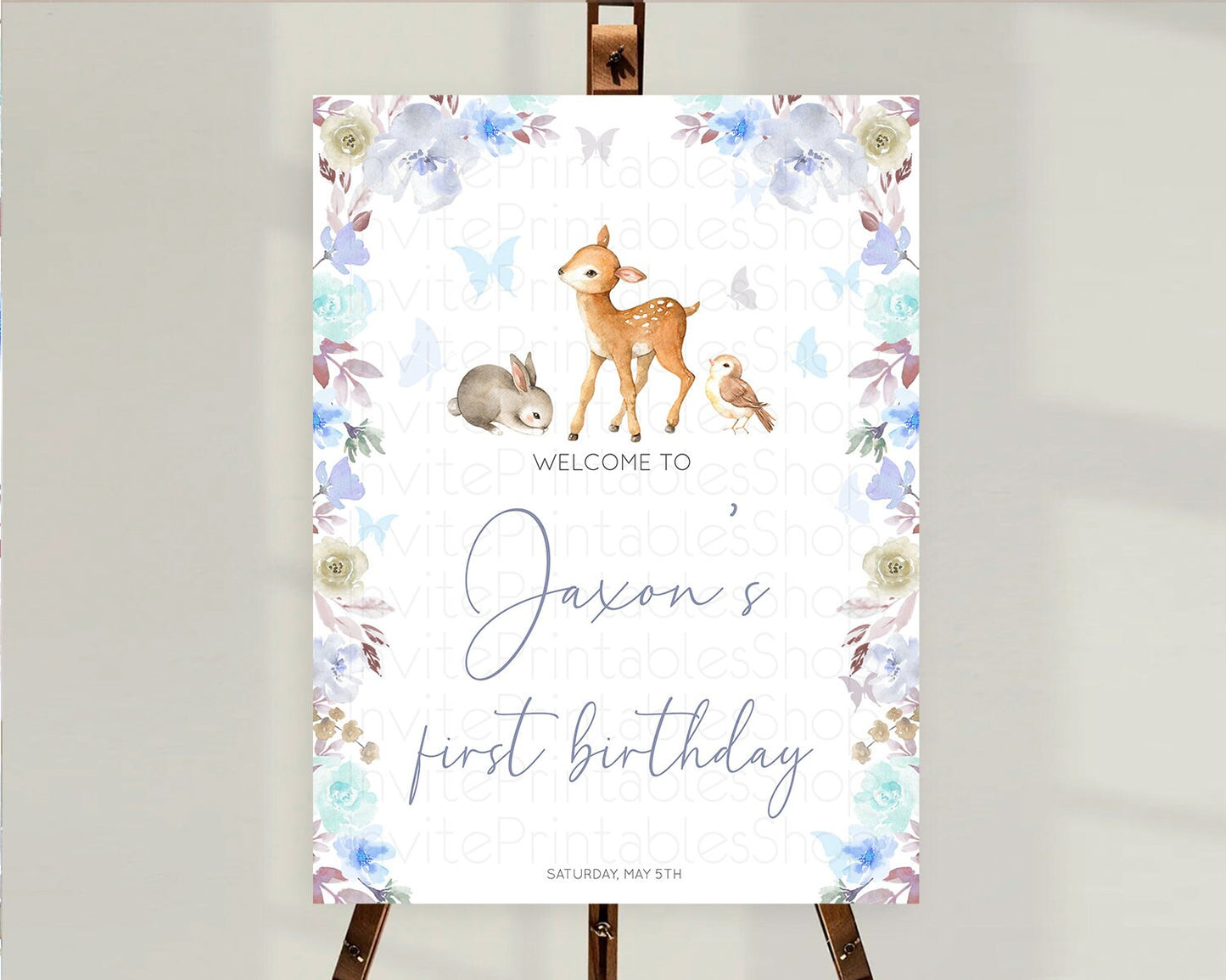 Fawn Welcome Sign Deer Welcome Board Floral Deer Welcome Poster Enchanted Forest Butterfly Pastel Floral First Birthday Welcome Sign D10929
