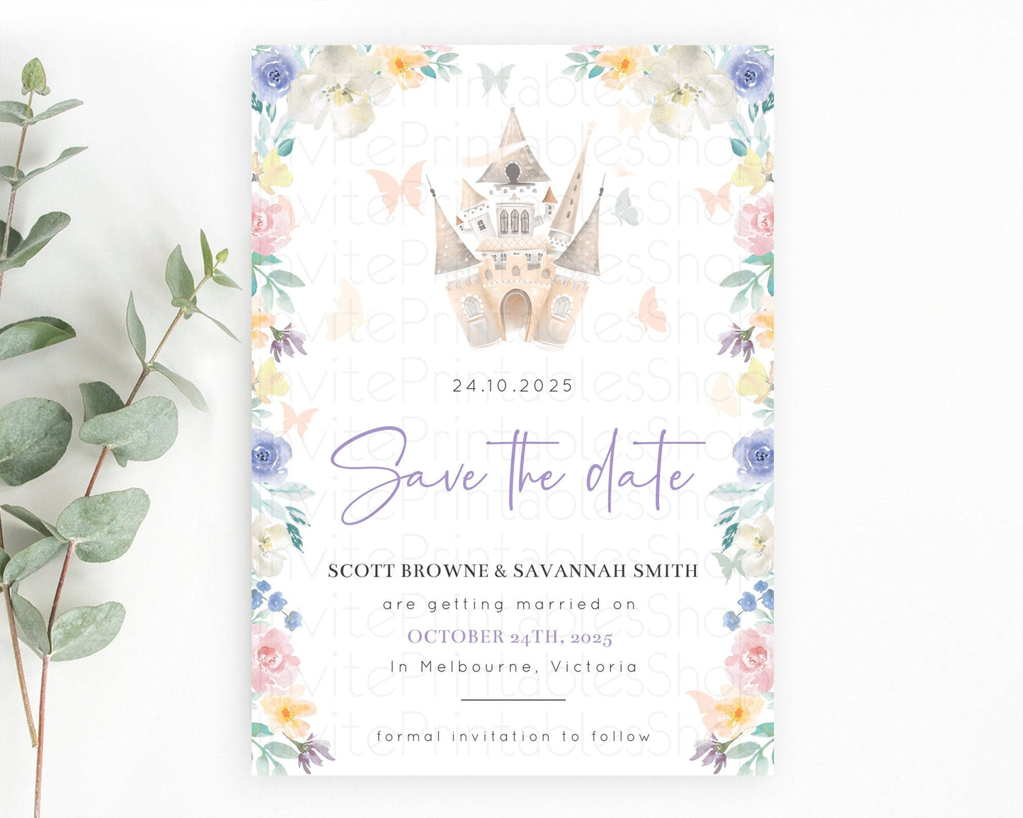 Princess Save The Date Template Secret Garden Enchanted Castle Pastel Floral Royal Party For 1st Birthday Baptism Baby Shower D10709