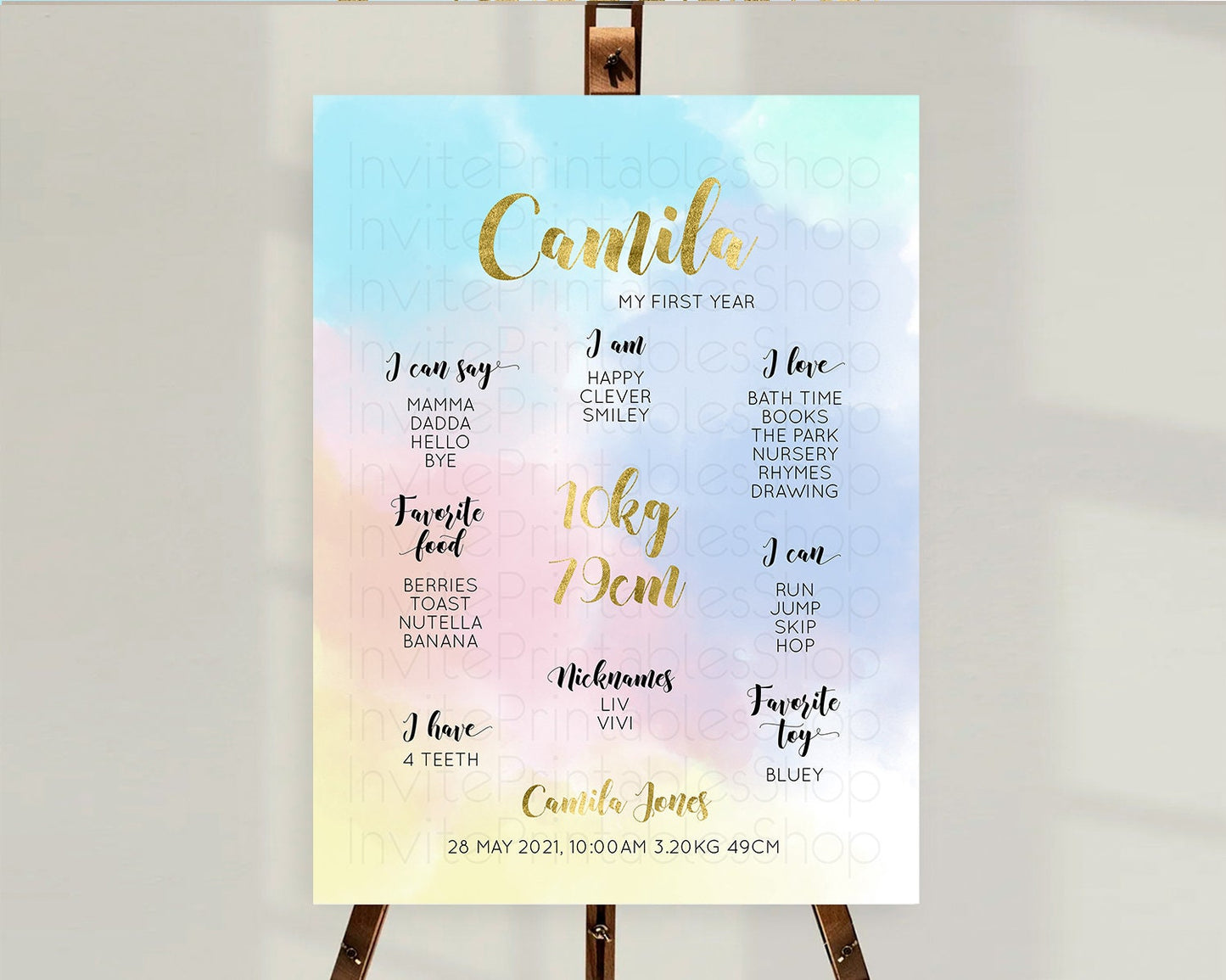 Pastel First Birthday Milestone Board Pastel Rainbow Milestone Poster Colorful Confetti Watercolor Glitter 1st Birthday Welcome Sign D10892