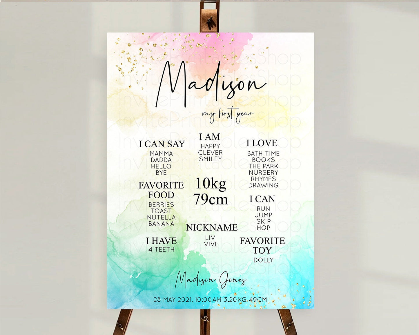 Pastel First Birthday Milestone Board Pastel Rainbow Milestone Poster Colorful Confetti Watercolor Glitter 1st Birthday Welcome Sign D10151