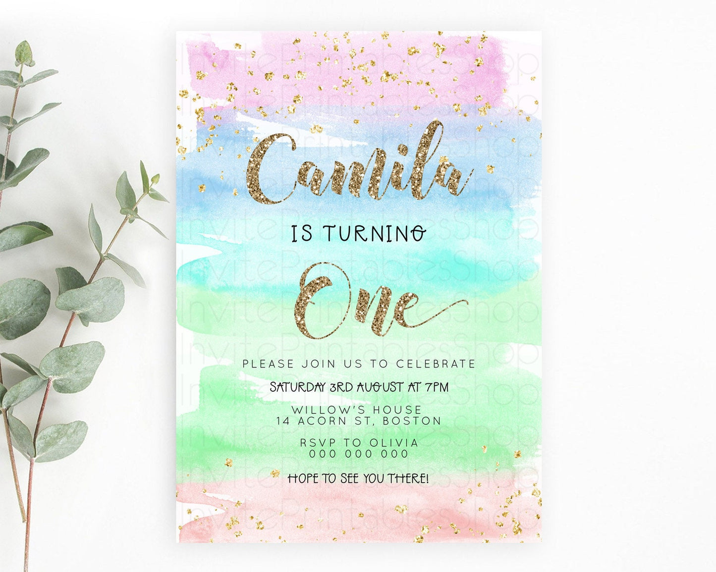Rainbow Birthday Invitation Colorful Pastel Watercolor Invitation Gold Glitter Sprinkles Ombre Pastel 1st 2nd 3rd Birthday D23273