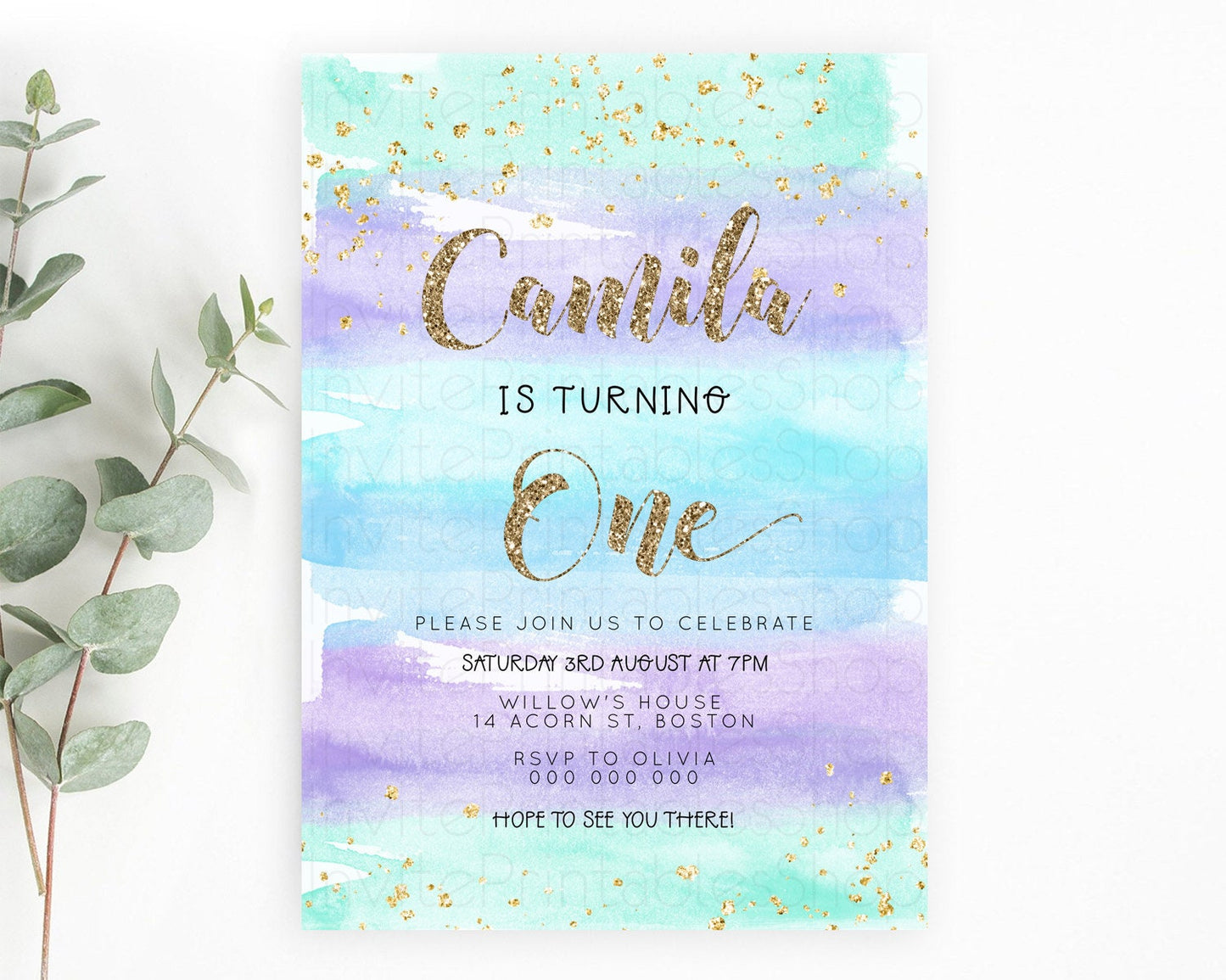 Rainbow Birthday Invitation Colorful Pastel Watercolor Invitation Gold Glitter Sprinkles Ombre Pastel 1st 2nd 3rd Birthday D23270