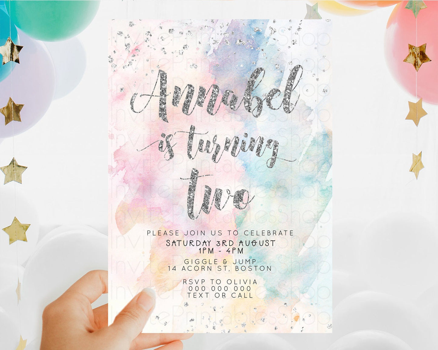 Rainbow Birthday Invitation Colorful Pastel Watercolor Silver Glitter Sprinkles Ombre Pastel Invitation 1st 2nd 3rd First Birthday D10944