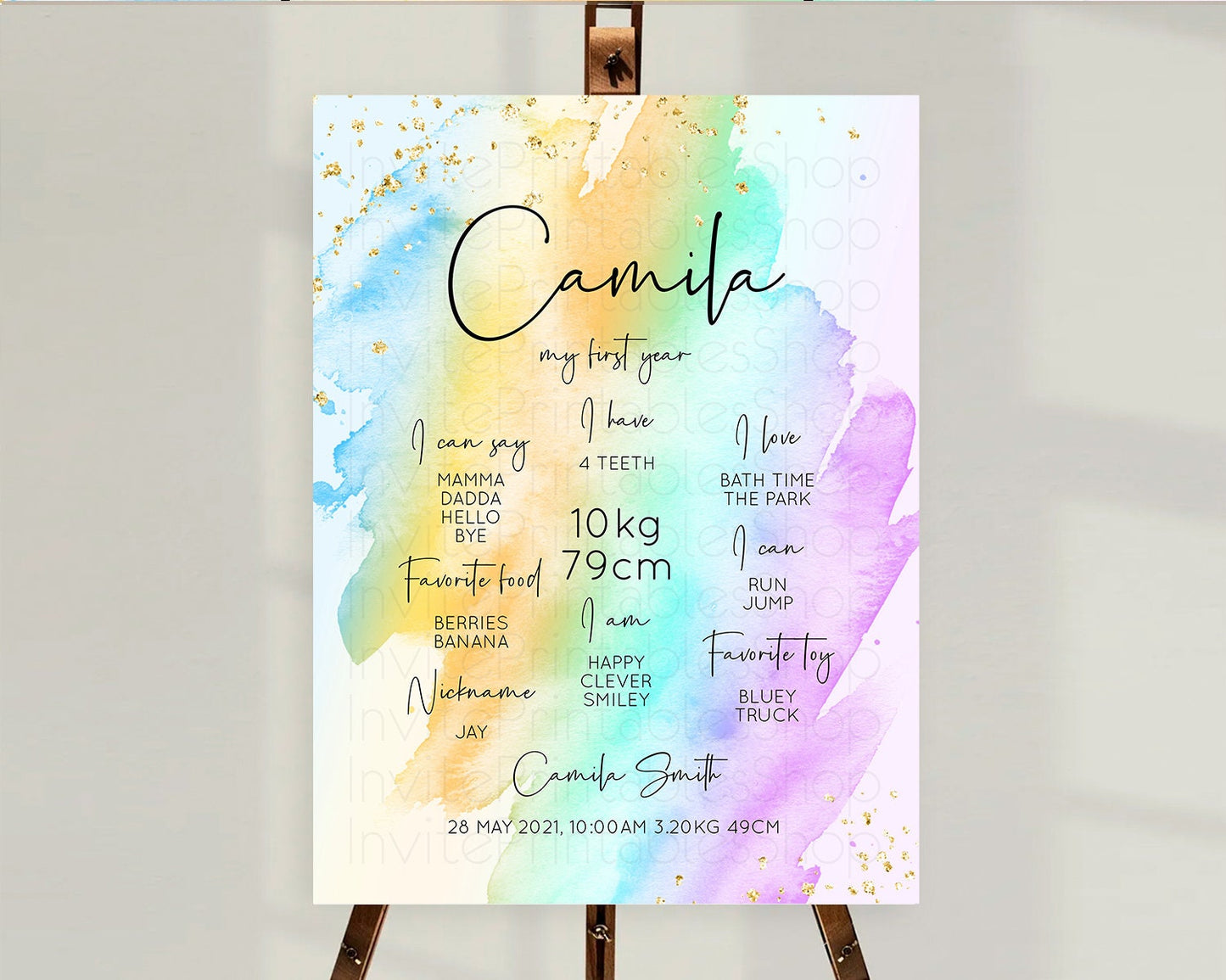 Pastel First Birthday Milestone Board Pastel Rainbow Milestone Poster Colorful Confetti Watercolor Glitter 1st Birthday Welcome Sign D10427