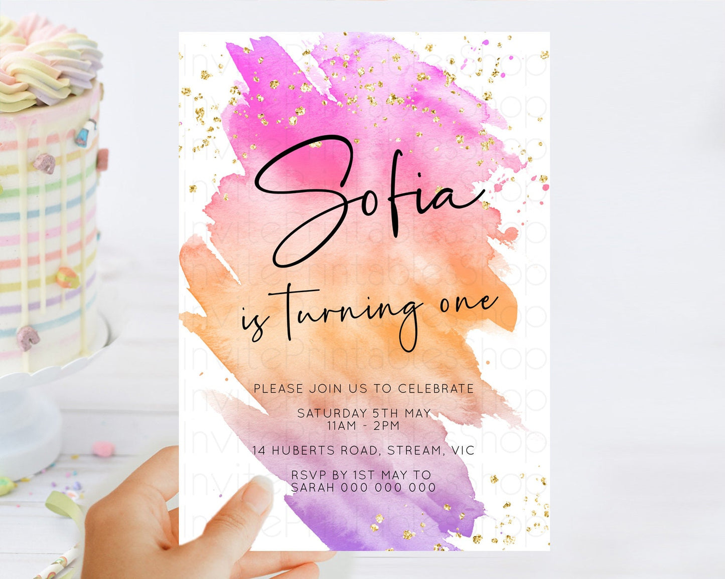 Rainbow Birthday Invitation Colorful Pastel Watercolor Invitation Gold Glitter Sprinkles Ombre Pastel 1st 2nd 3rd Birthday D10488