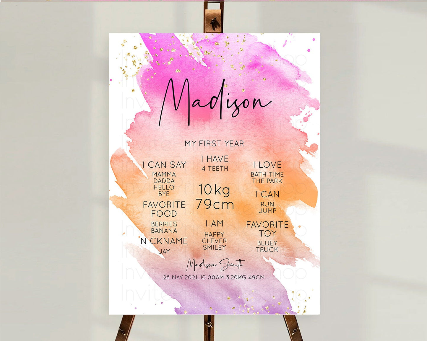 Pastel First Birthday Milestone Board Pastel Rainbow Milestone Poster Colorful Confetti Watercolor Glitter 1st Birthday Welcome Sign D10488